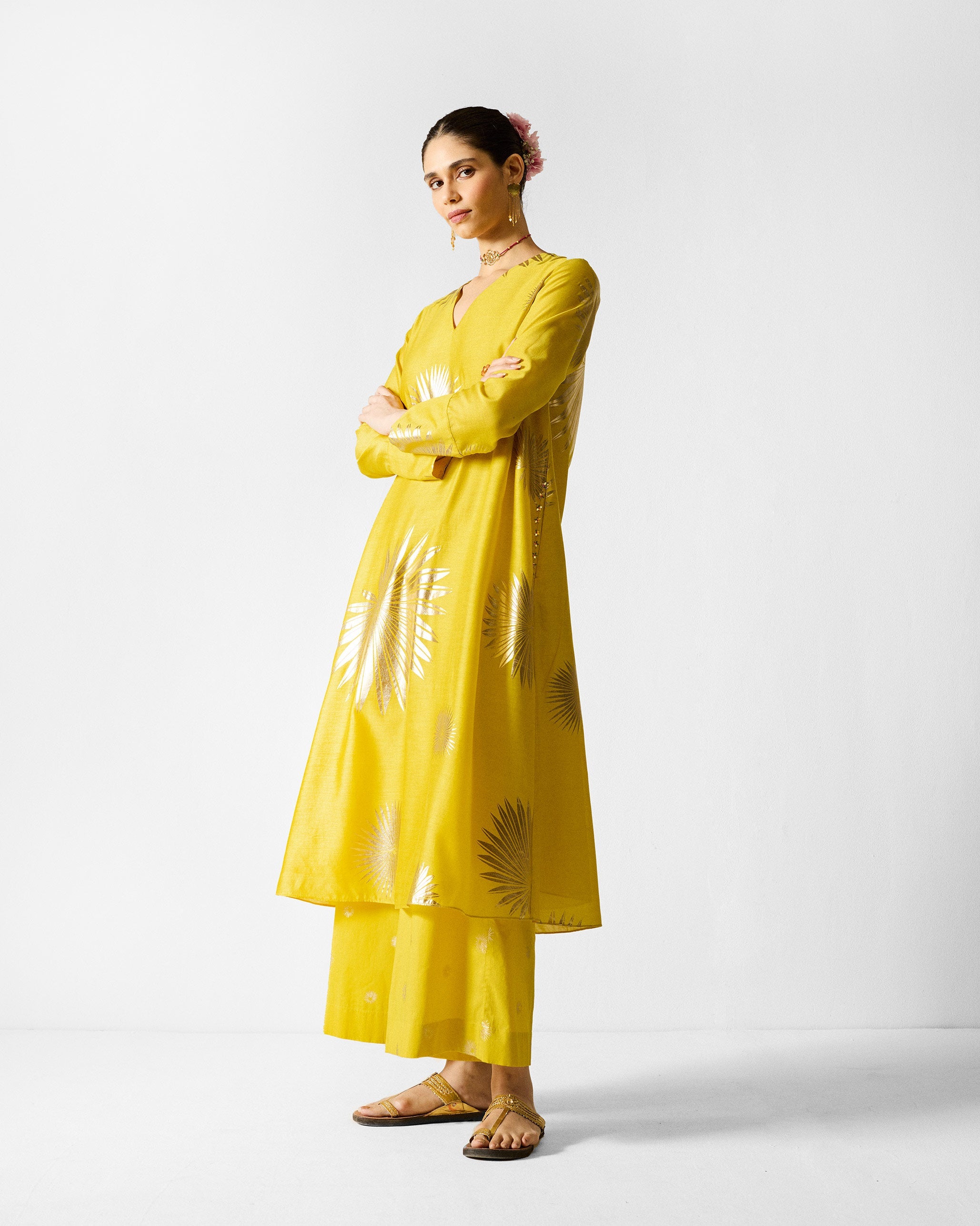 The V-Neck Flared Kurta Set - Chartreuse & Gold Printed
