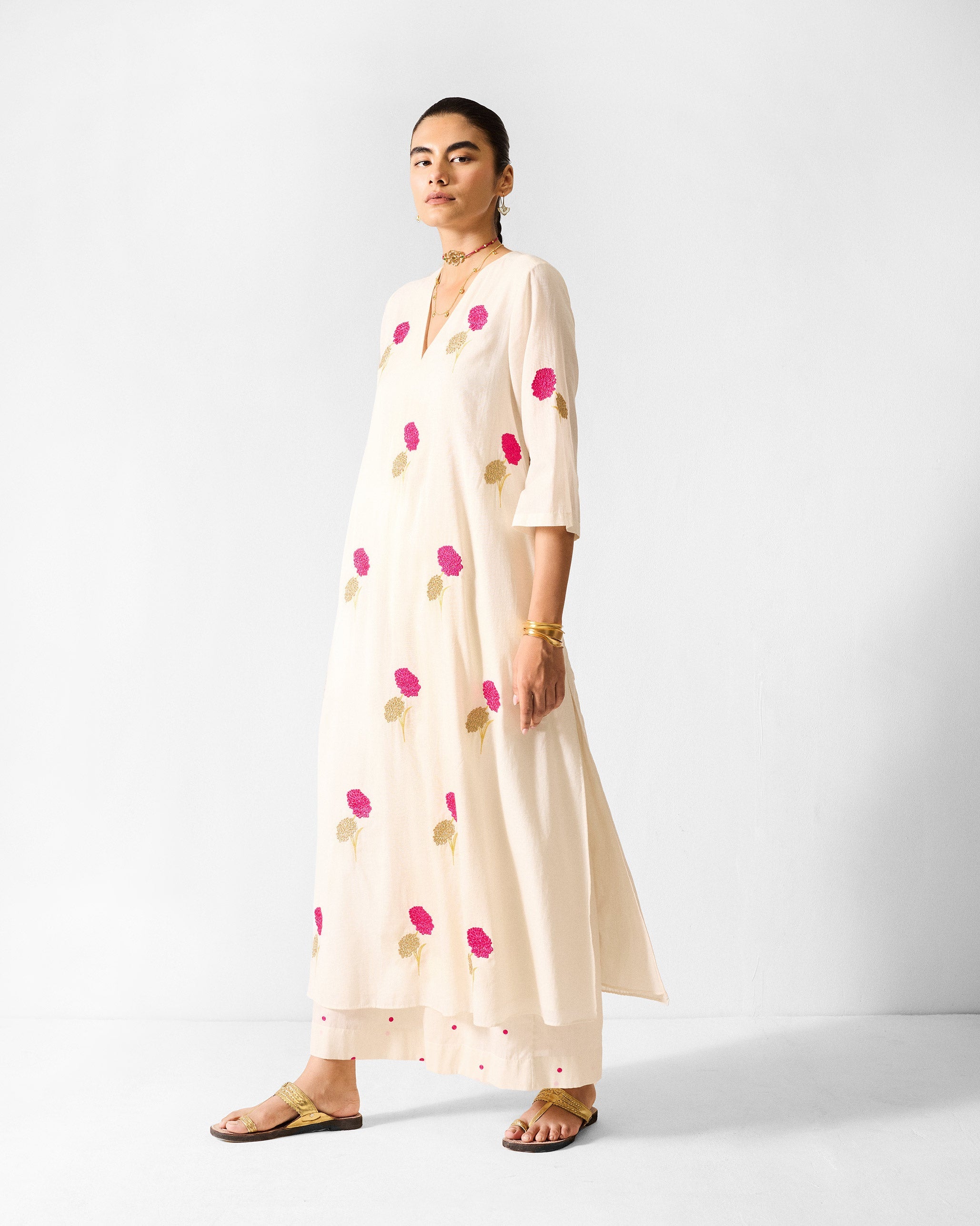 Classic Pyjamas - Ivory & Fuchsia Embroidered