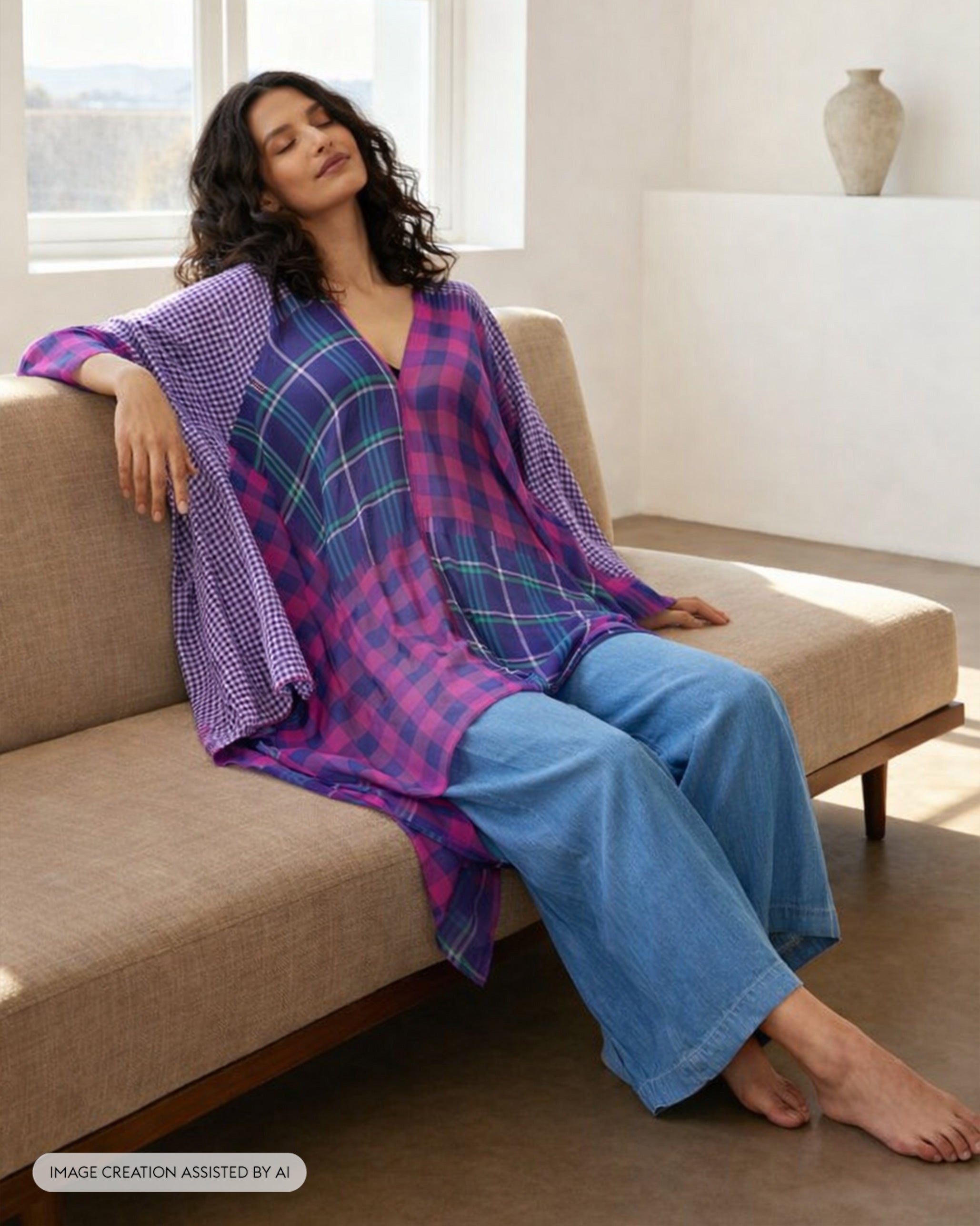 Draped Kaftan - Checked Yarn-Dyed Cotton Relaxed Fit