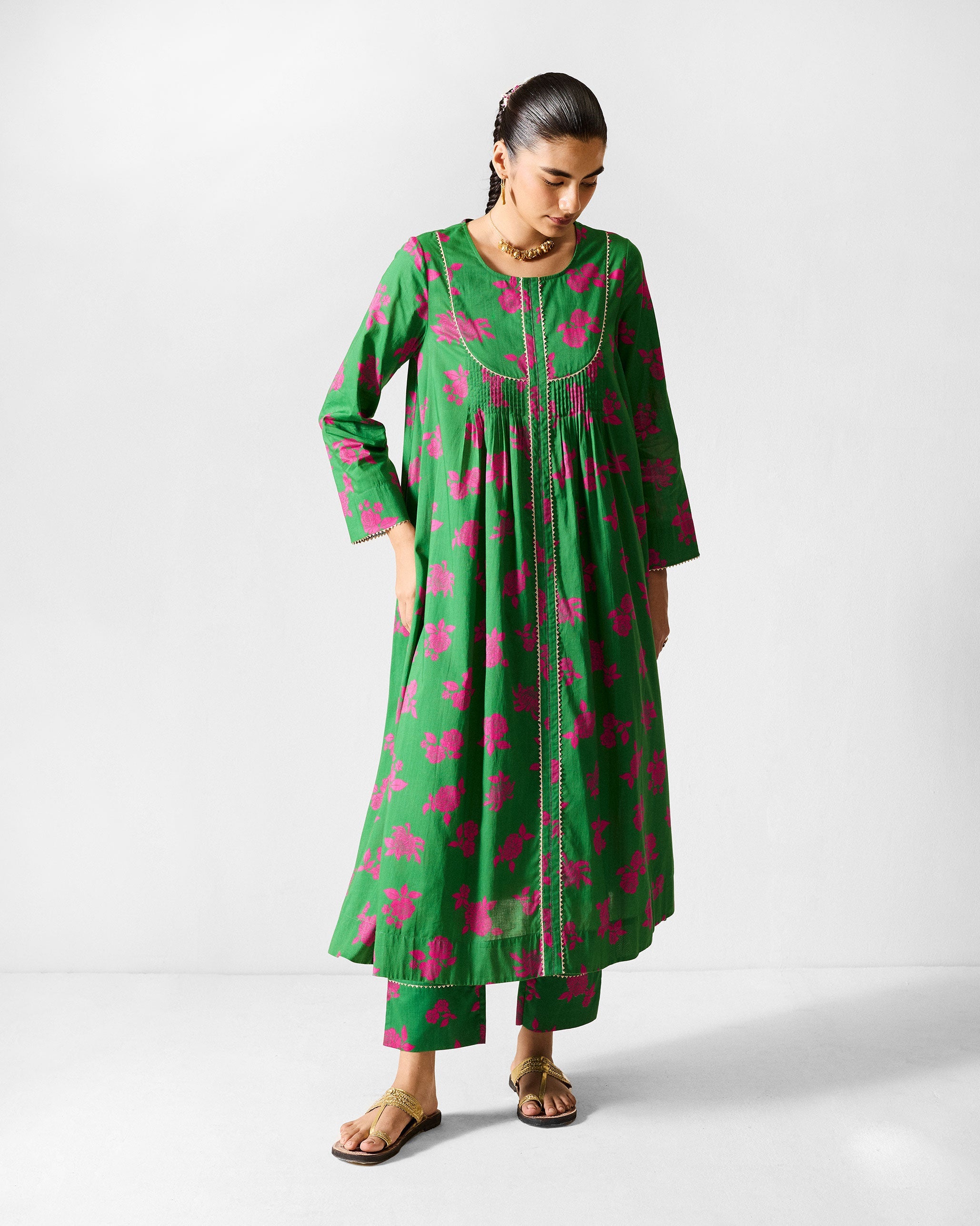 Ayat Kurta - Green & Fuchsia Printed