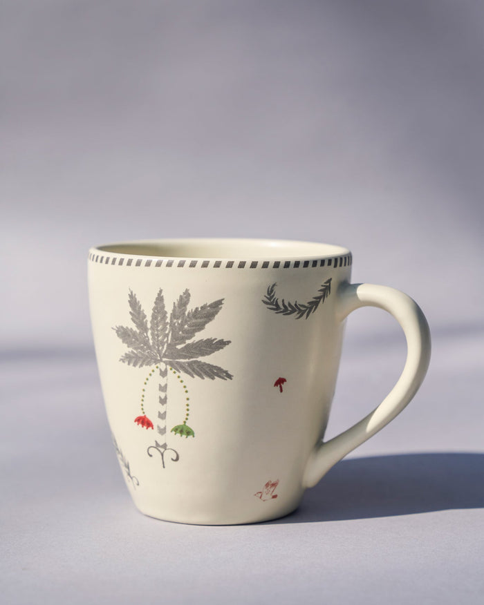 Parasol Conical Mug with a grey palm motif and a dashed rim band.