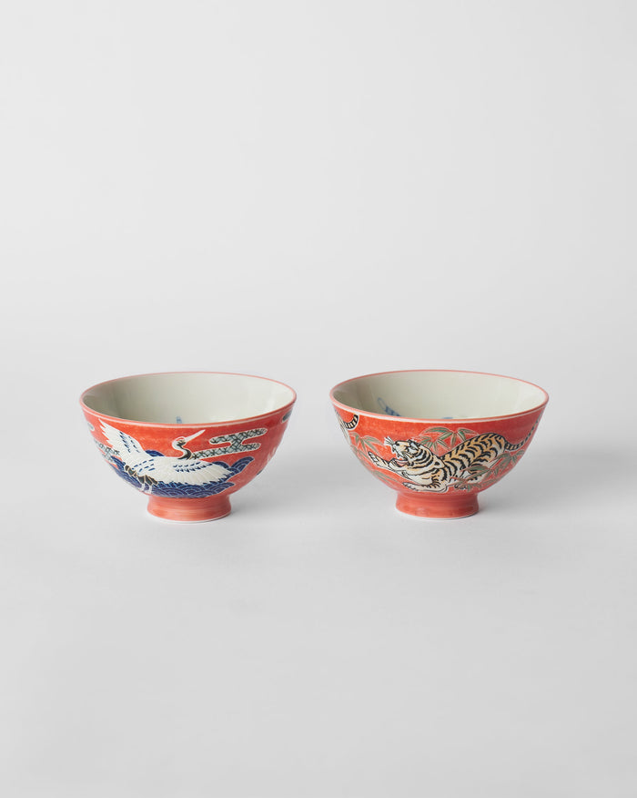 Crane & tiger bowl S/2 - Red