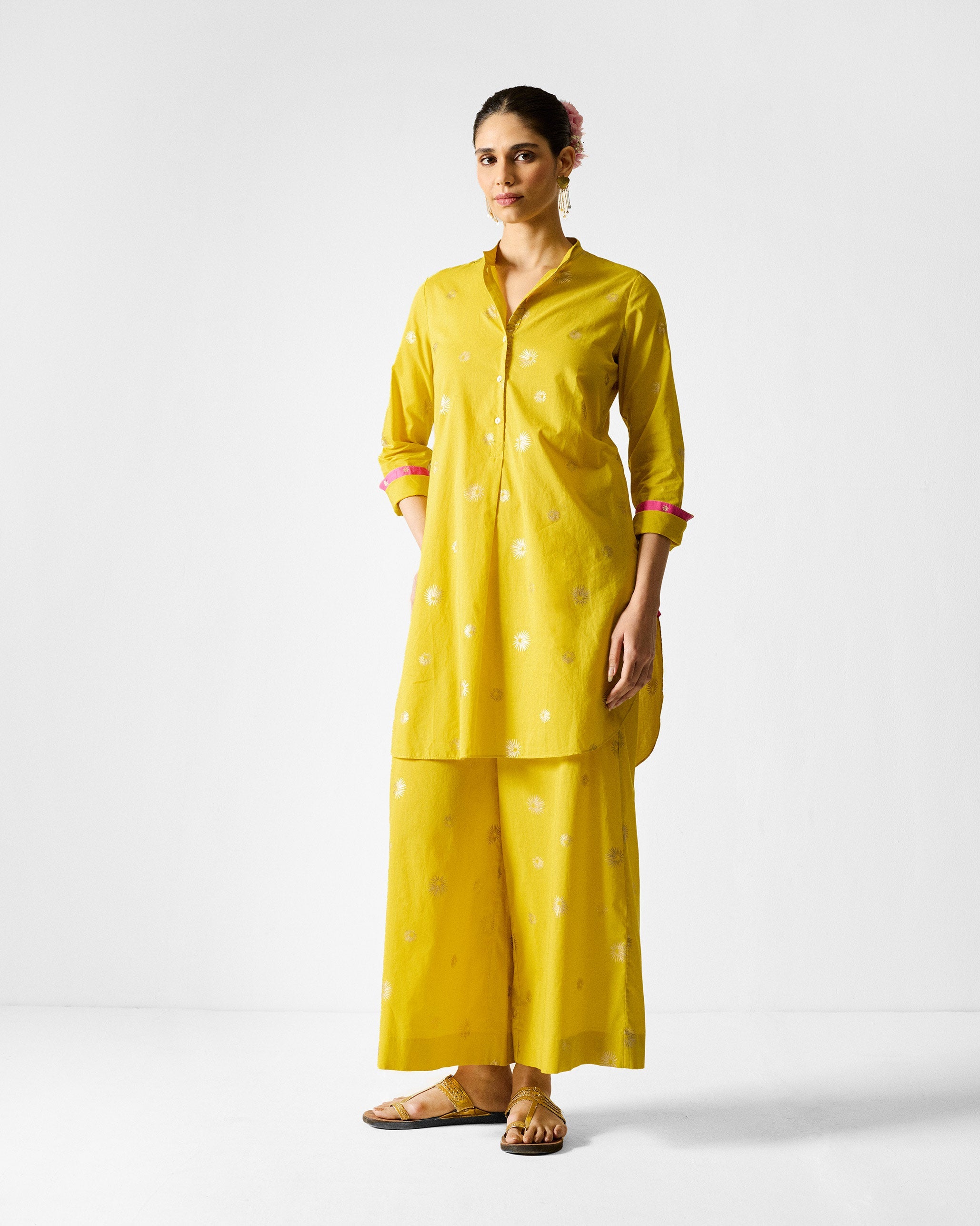 The Basic Mid Length Kurta Set - Chartreuse & Gold Printed