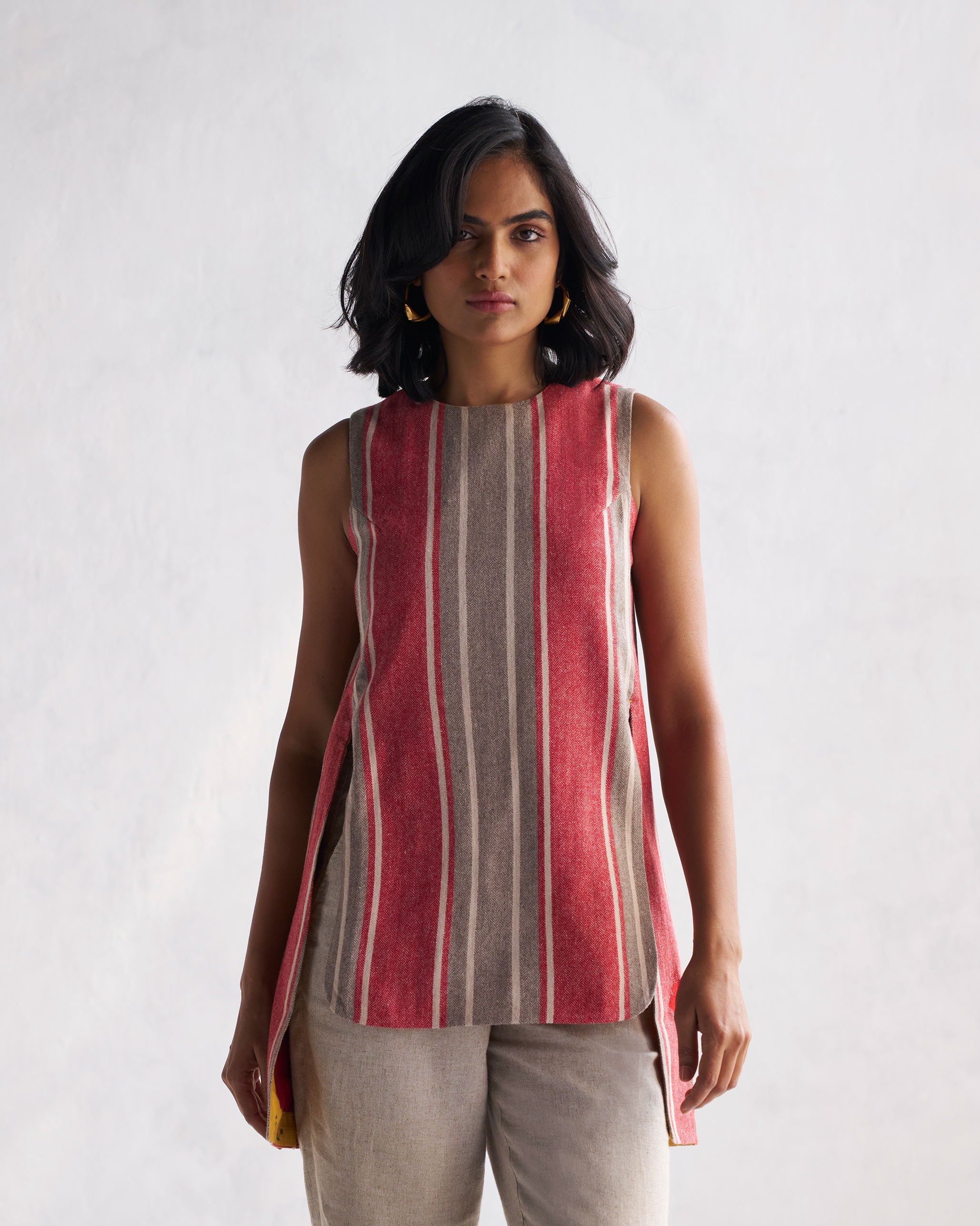 Solstice Slit Top - Red & Beige