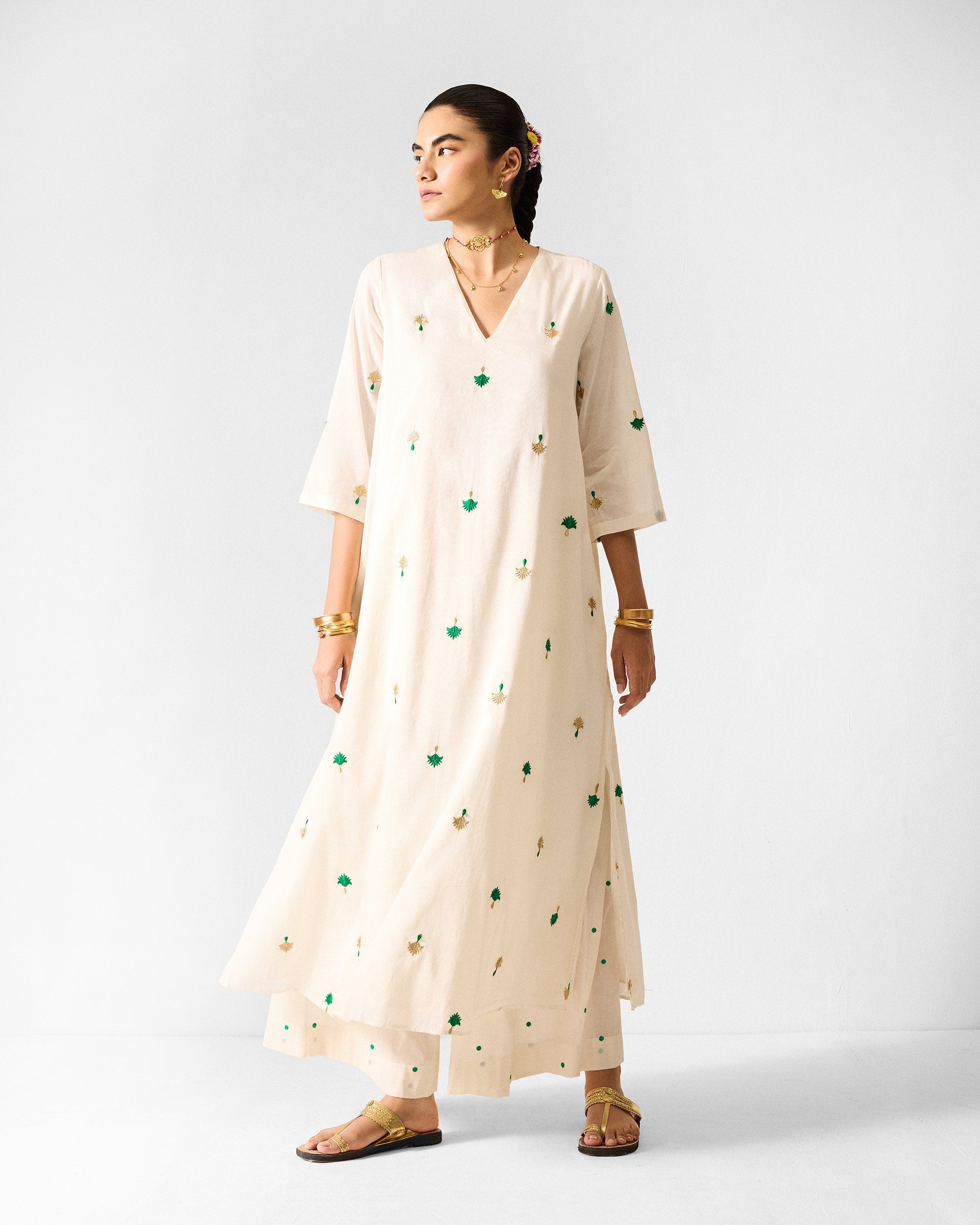 Classic Pyjamas - Ivory & Green Embroidered