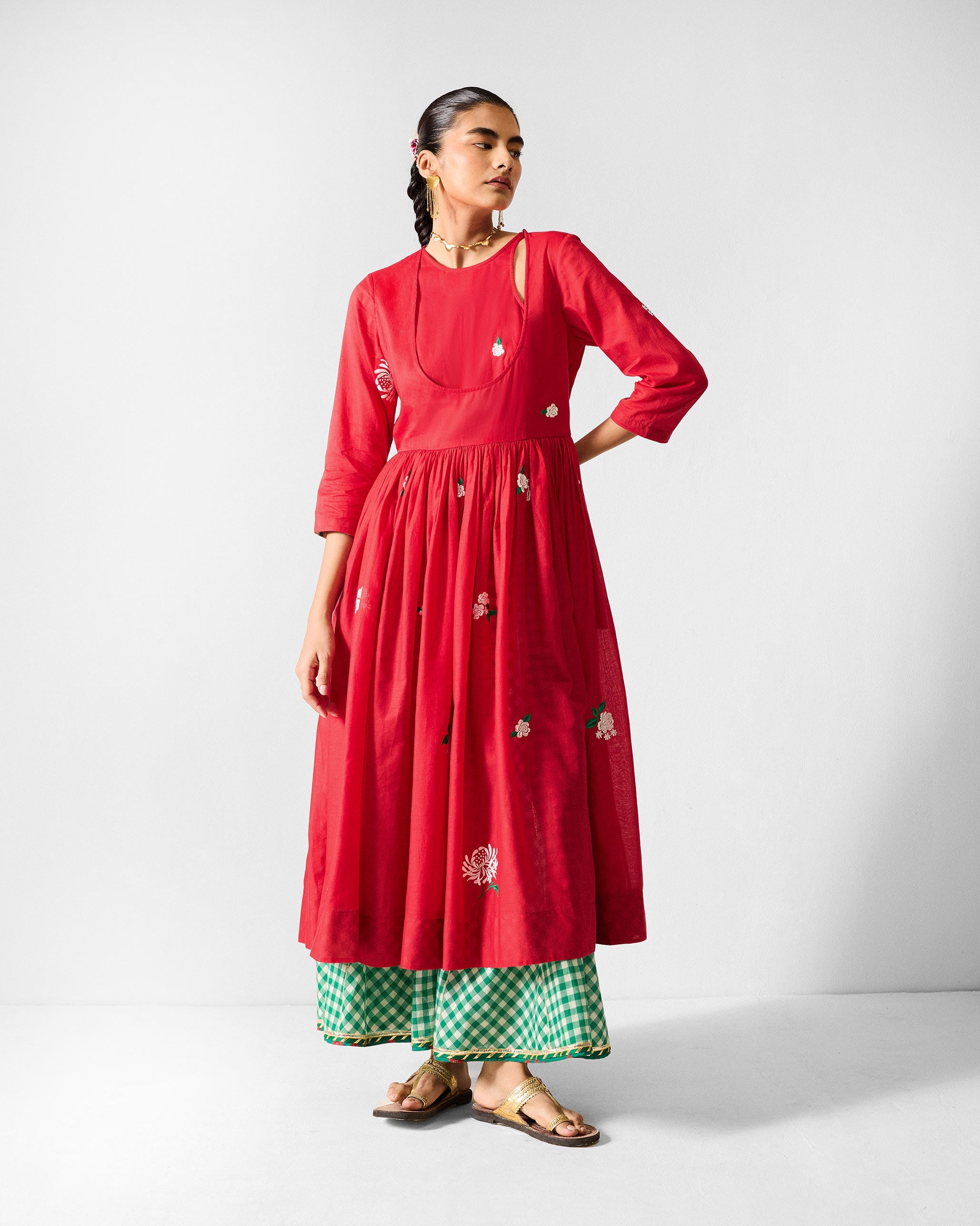 Fit & Flare Angrakha - Red & Ivory Embroidered