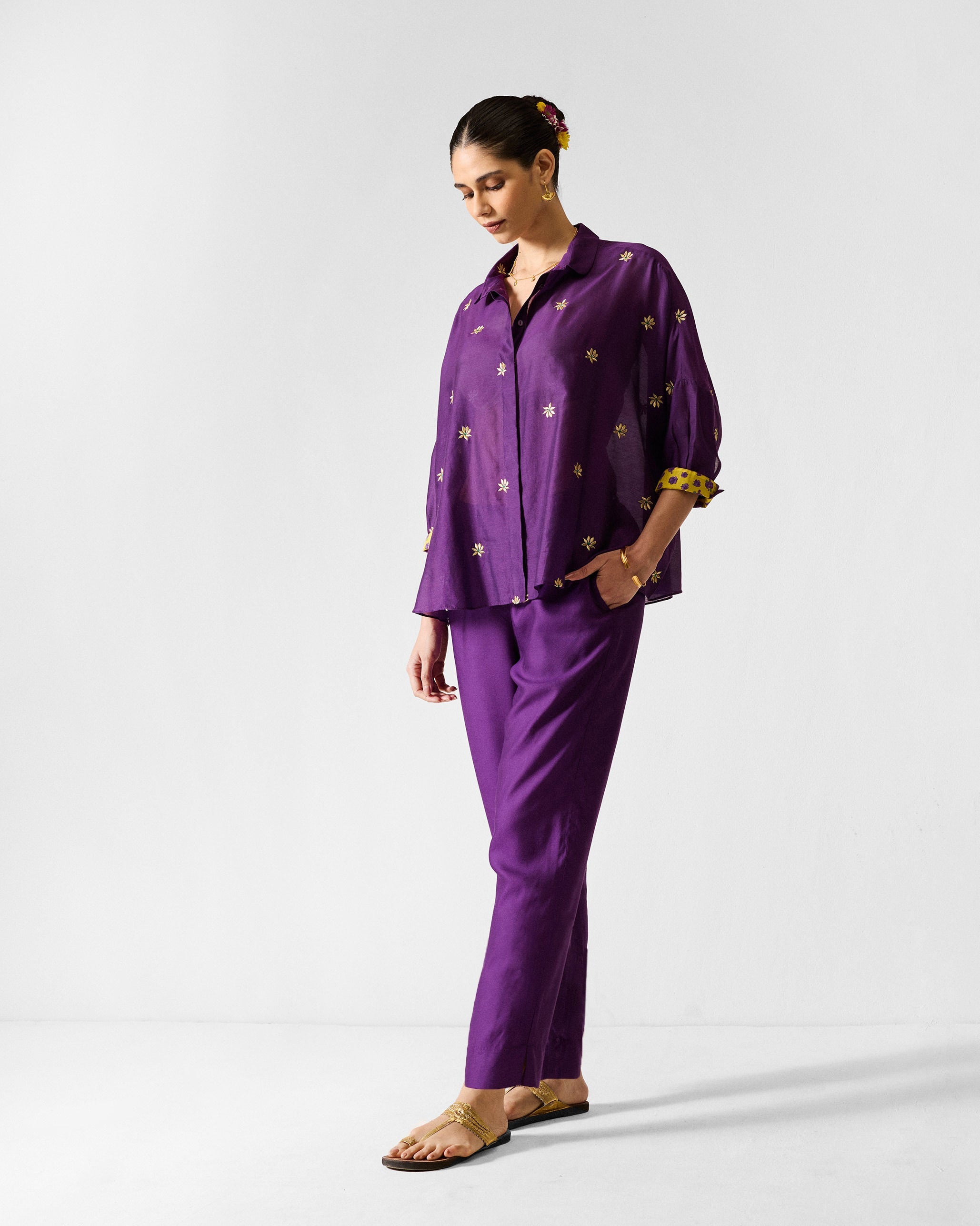 The Boxy Shirt Set - Purple & Gold Embroidered
