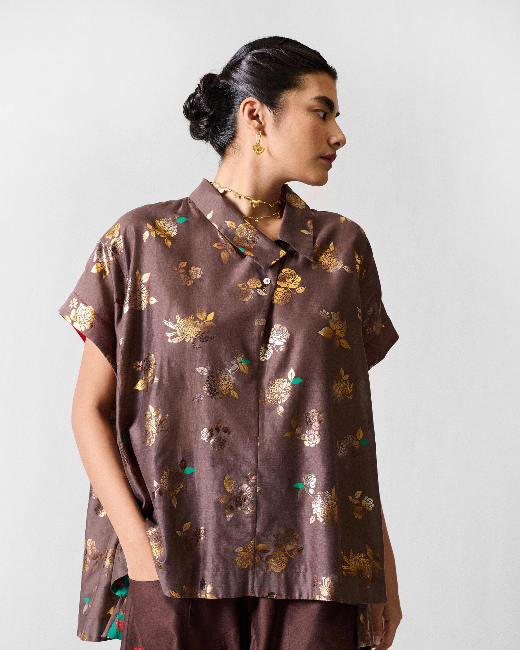 The Camber Top Set- Chocolate Brown & Gold Printed