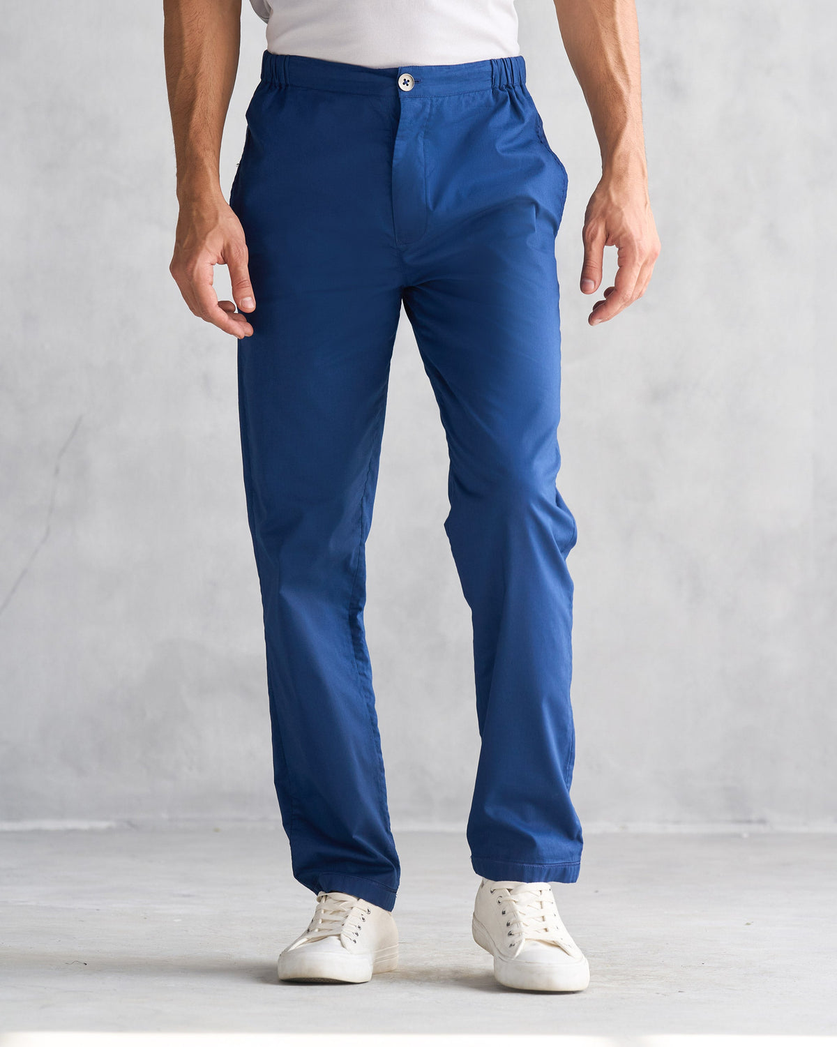 Person wearing blue Shillong Jammies with an elastic waistband.