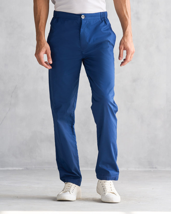 Person wearing blue Shillong Jammies with an elastic waistband.