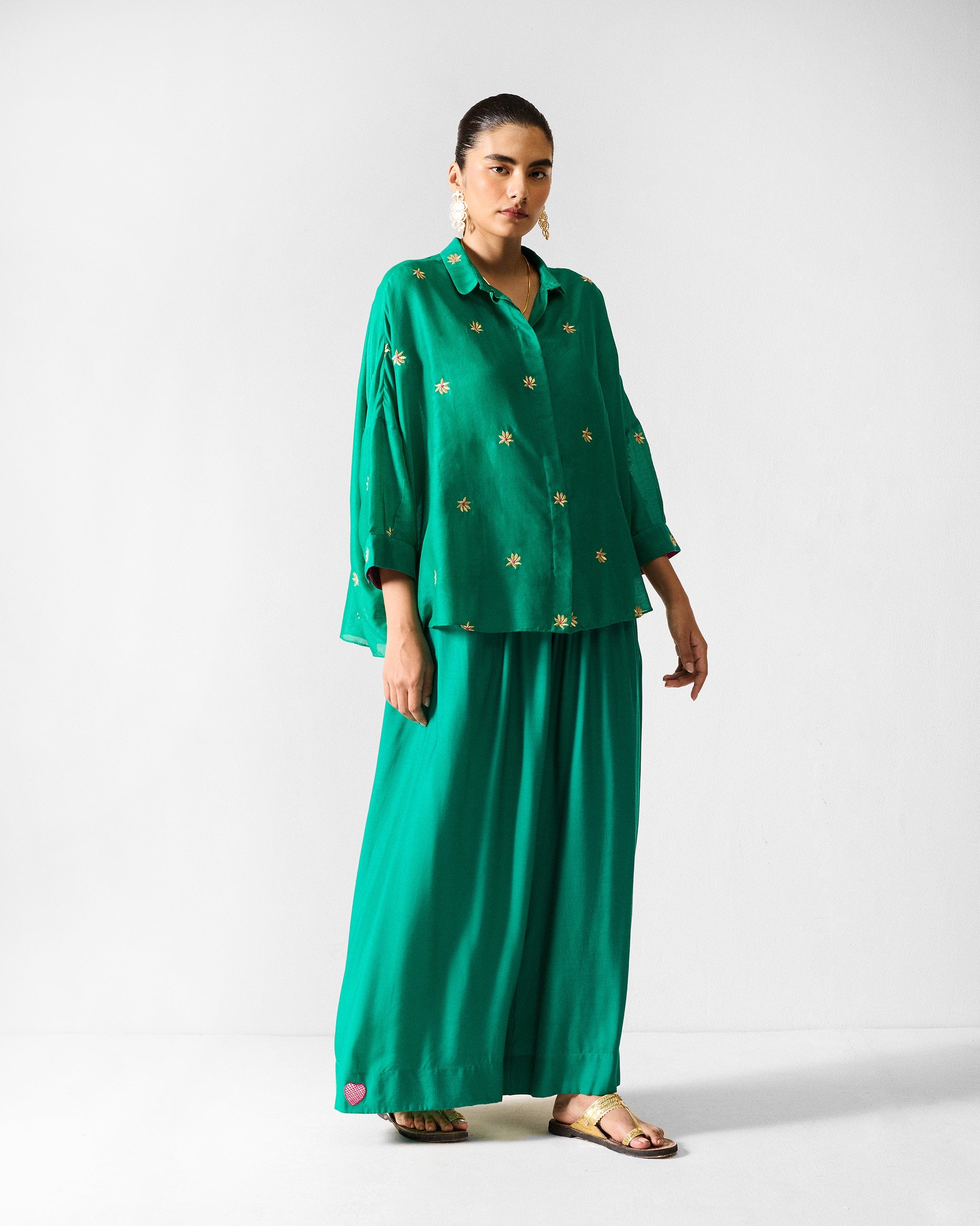 Boxy Shirt - Green & Gold Embroidered