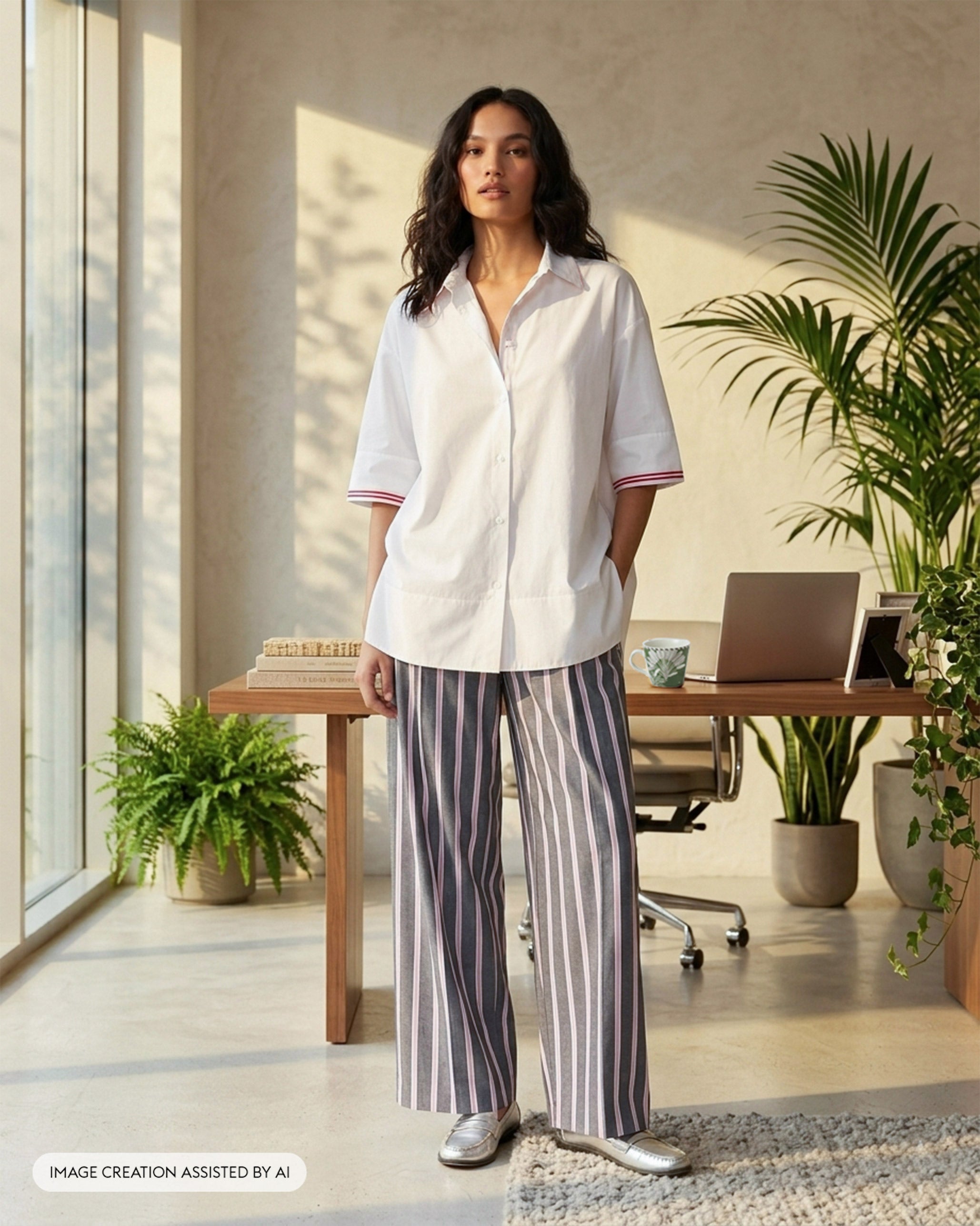 Row High Waist Pants - Striped Yarn-Dyed Cotton Streamlined Fit