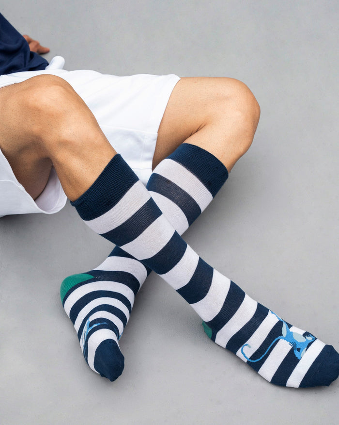 Person wearing navy and white striped knee-high Yogi Socks.