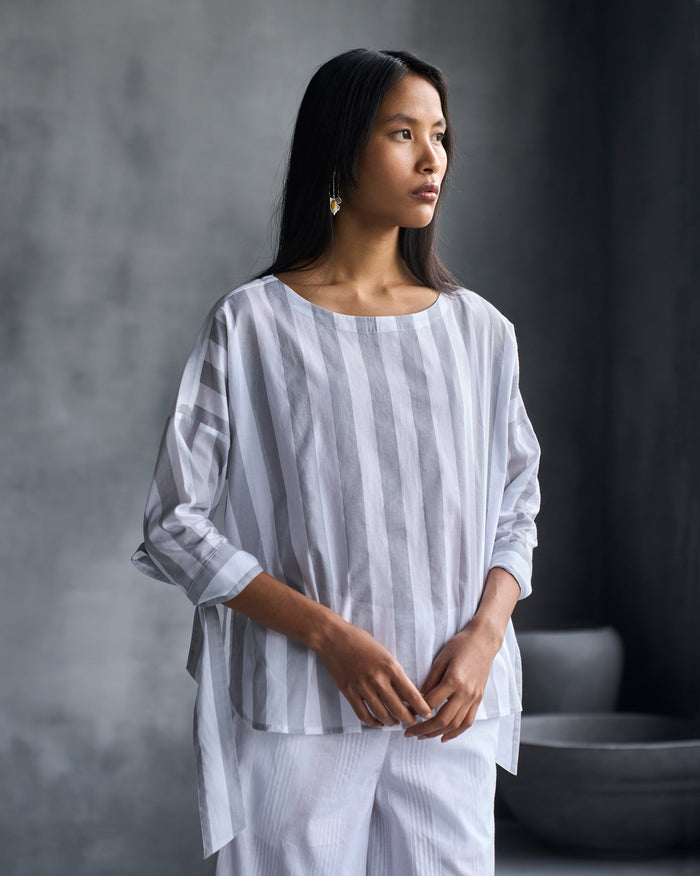 Back Fagotting Top - White & Grey