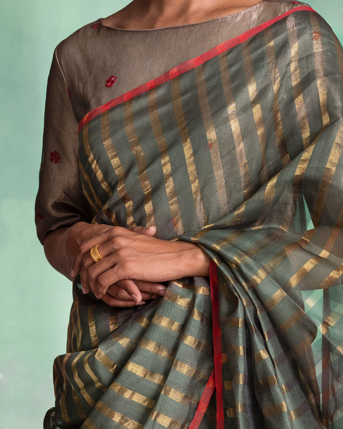 Zari Stripe Sari - Olive & Gold