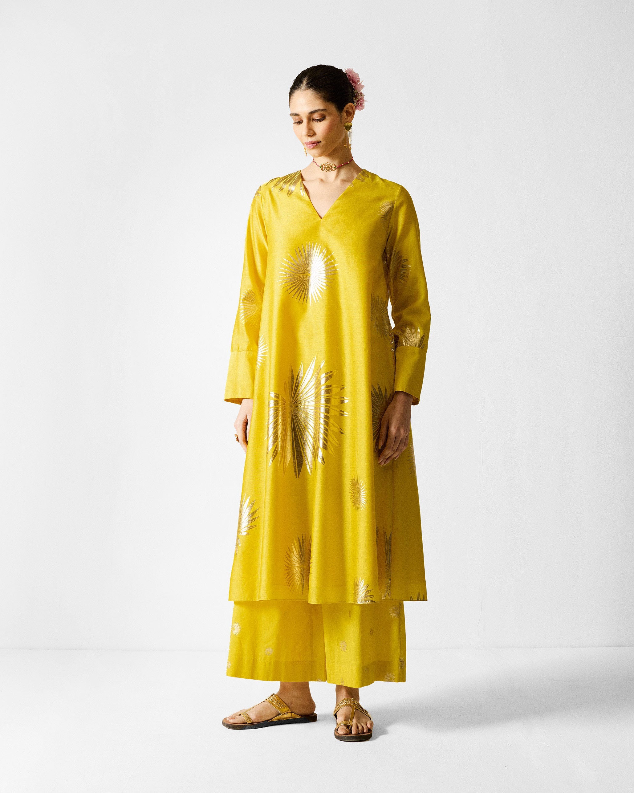The V-Neck Flared Kurta Set - Chartreuse & Gold Printed