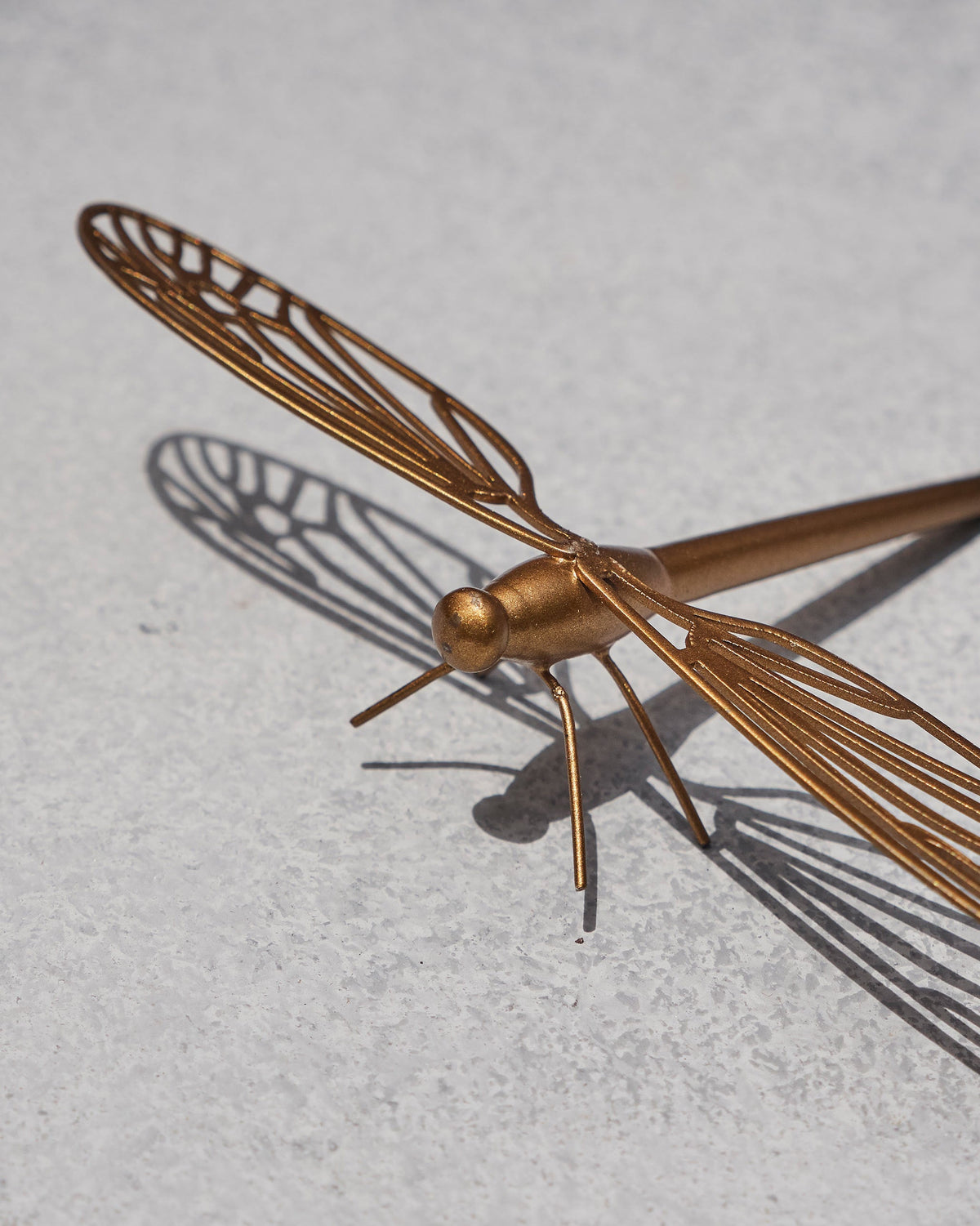 Close-up of a gold Dragonfly accent piece showing its body and thin legs.