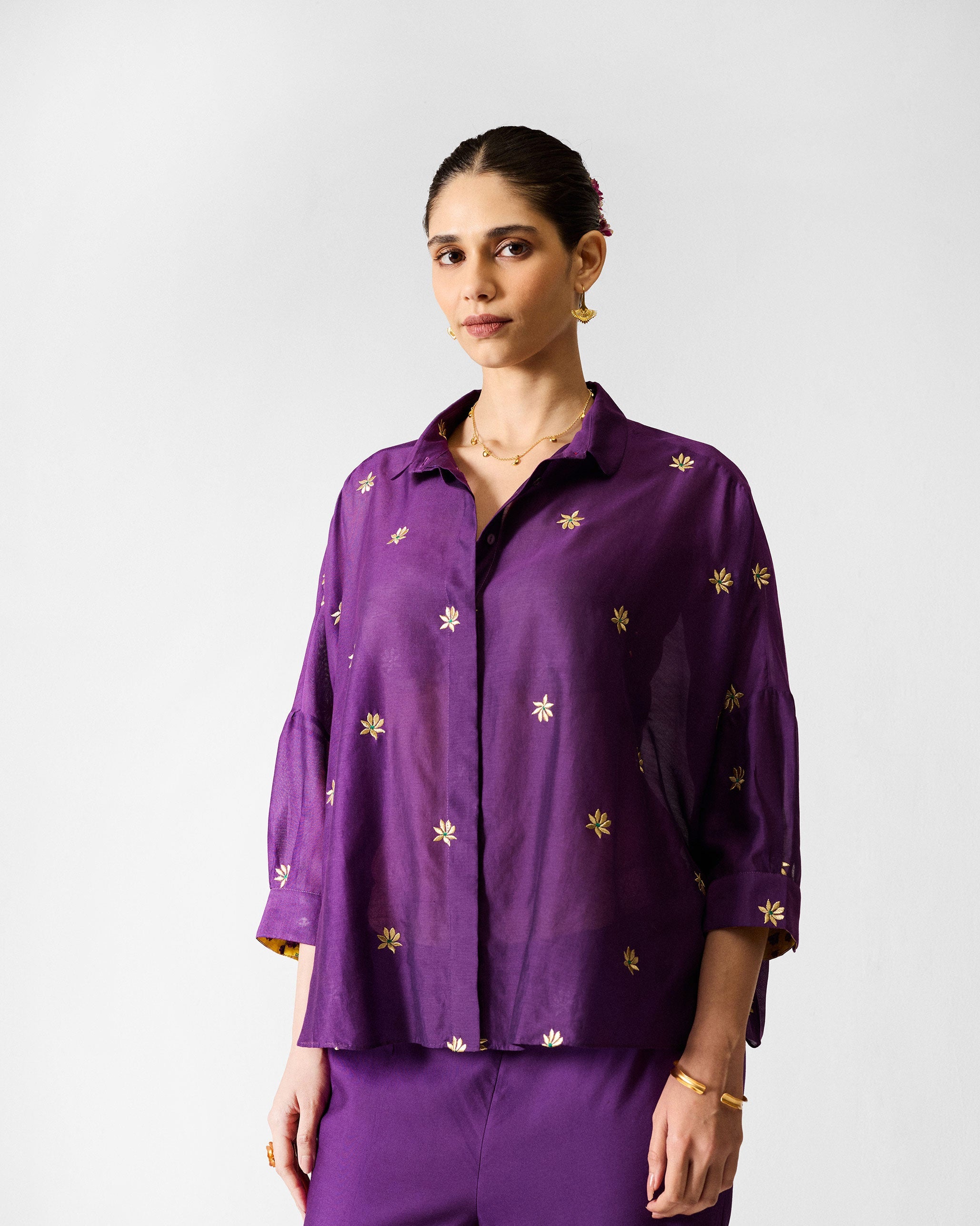 The Boxy Shirt Set - Purple & Gold Embroidered