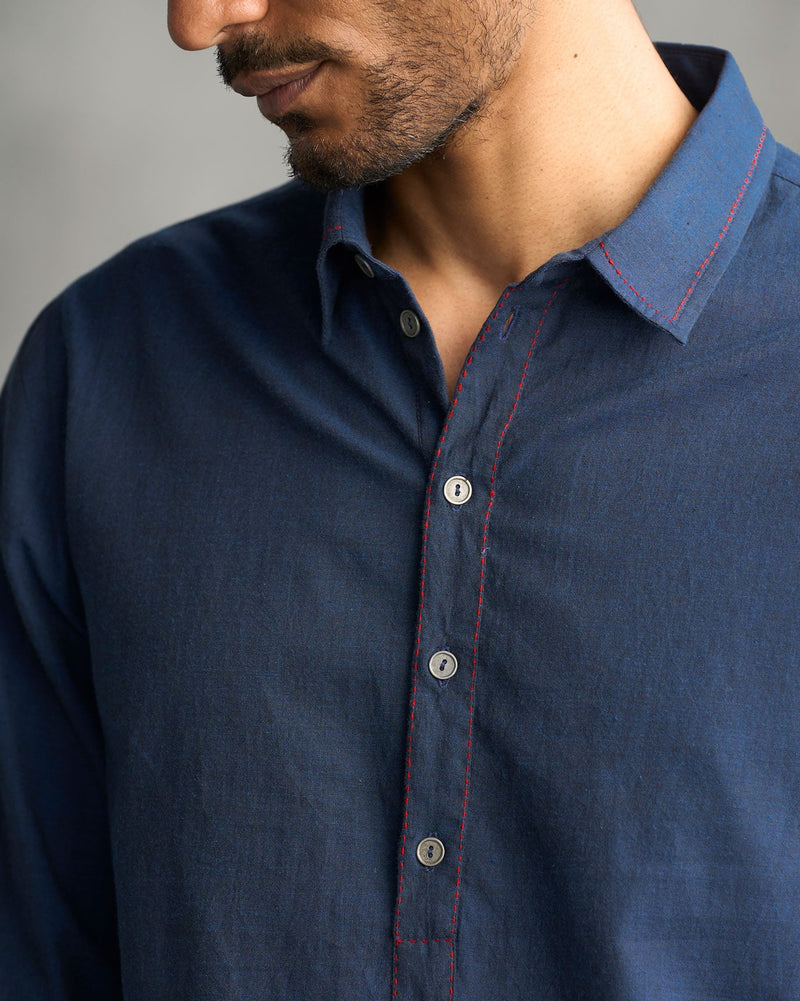 Kantha Stitch Kurta - Navy