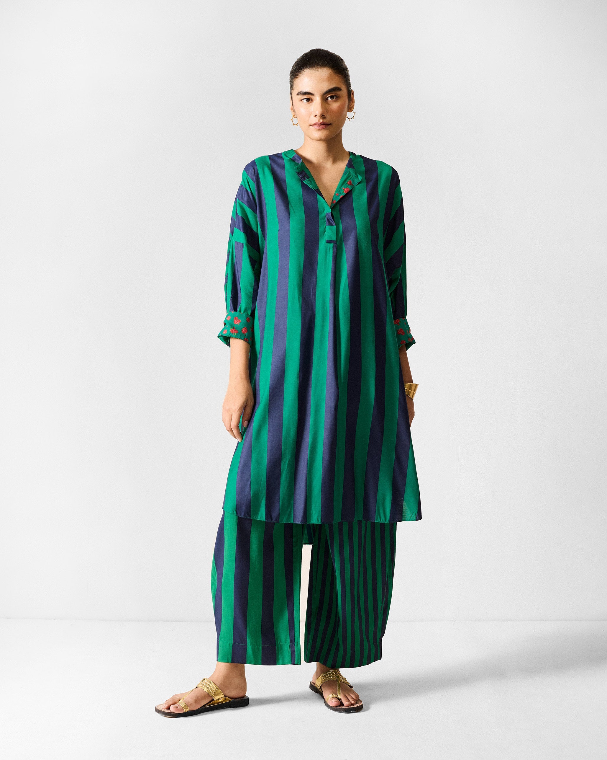 The Lazy Sunday Tunic Set - Navy & Green Stripes