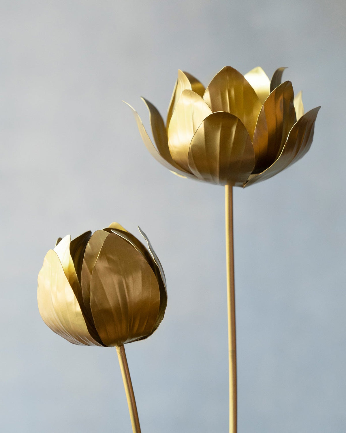 Pair of Kamal Accent Piece gold metal lotus flowers on long stems.