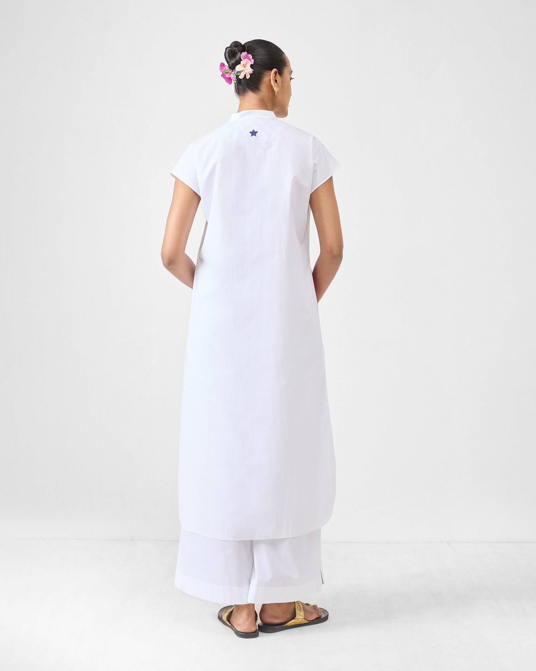 Short Sleeve Kurta Set - White & Fuchsia