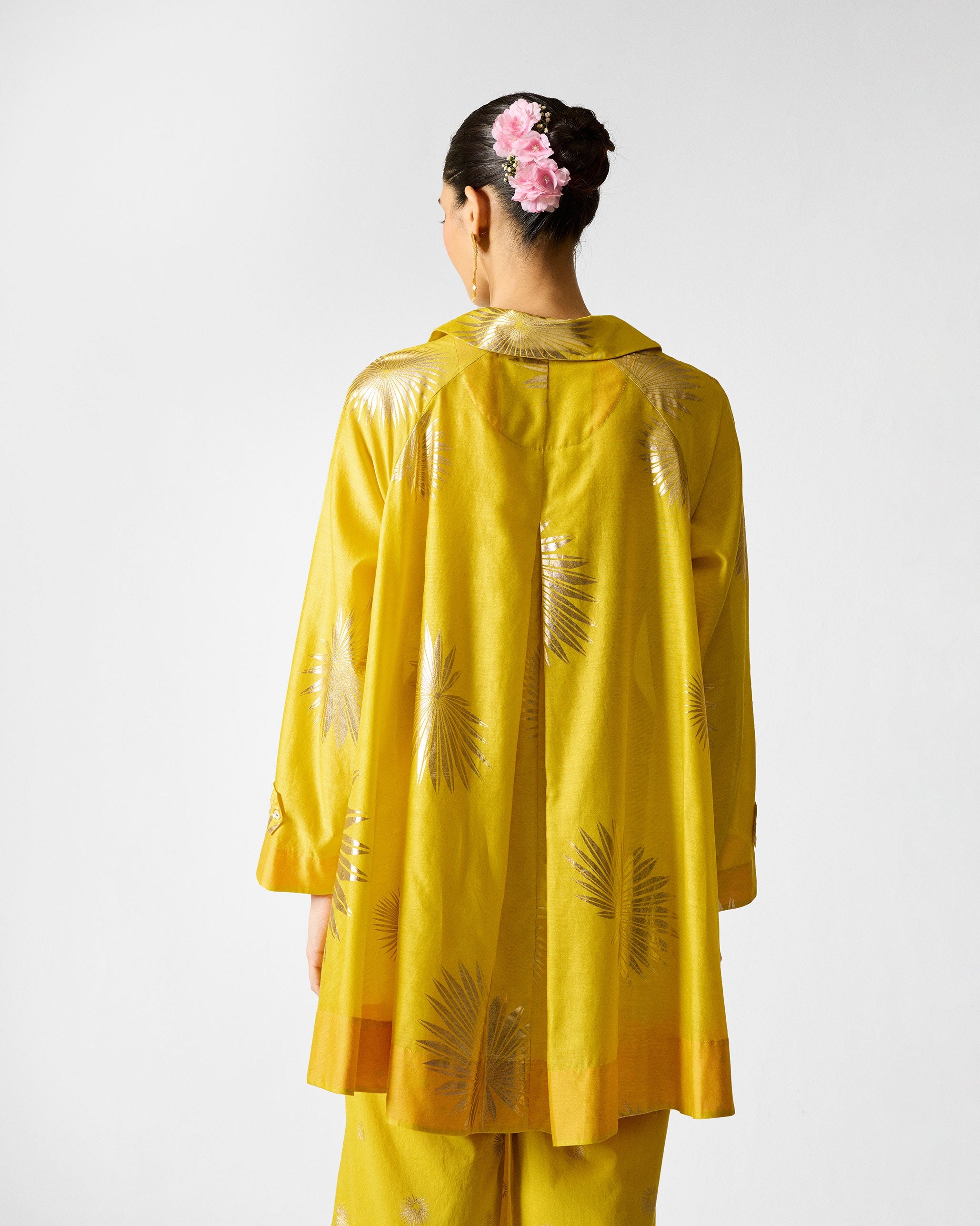 The Flare Panelled Shirt Set - Chartreuse & Gold Printed