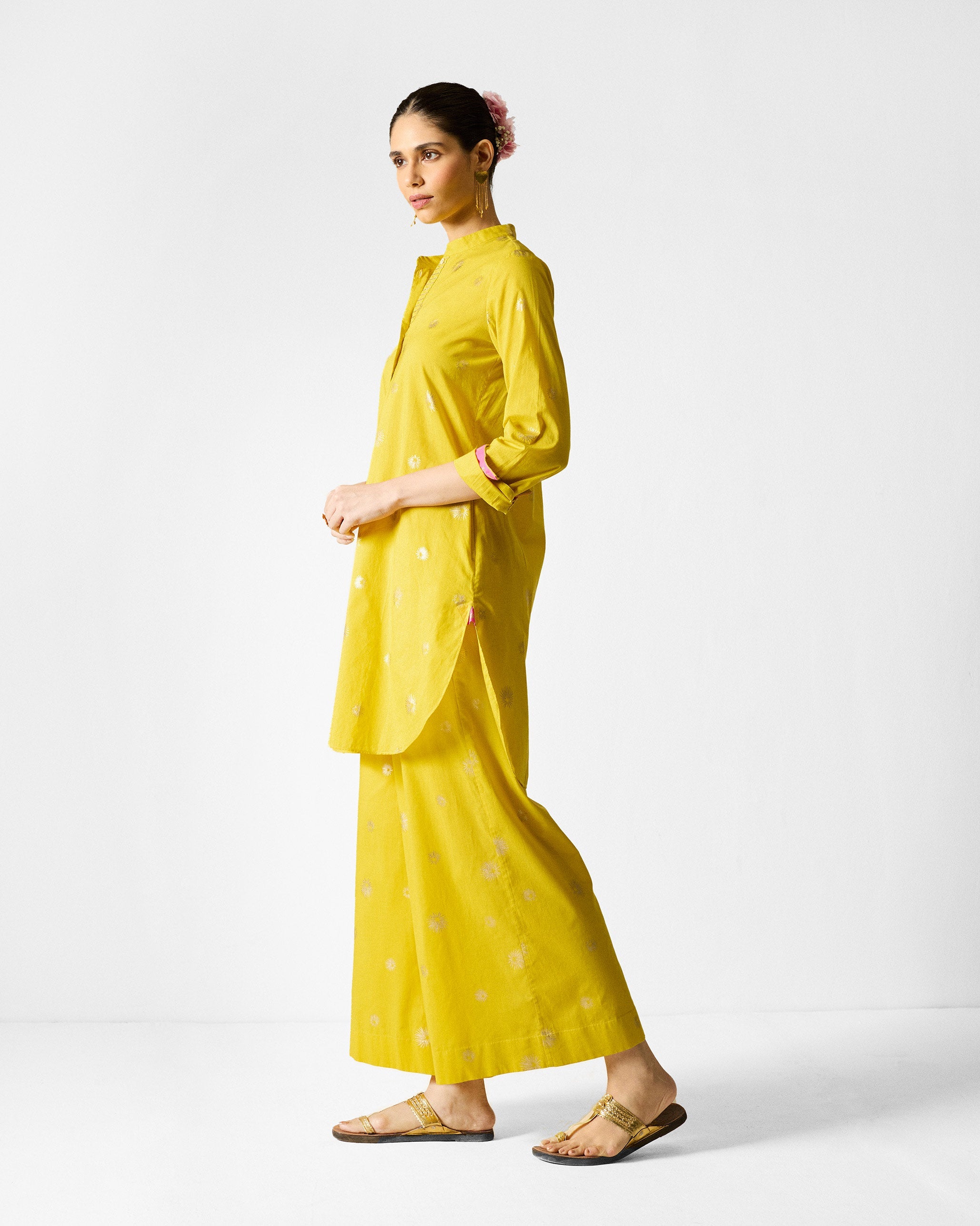The Basic Mid Length Kurta Set - Chartreuse & Gold Printed