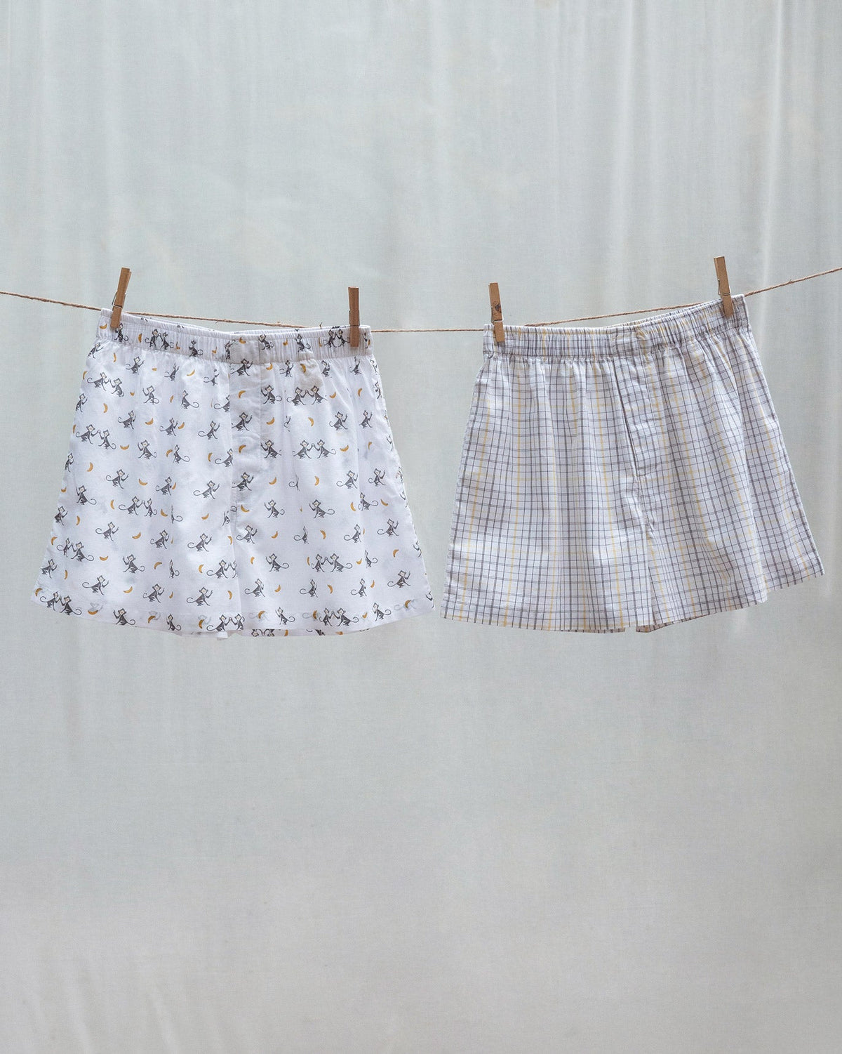 Pair of Going Bananas Boxers hanging on a clothesline.