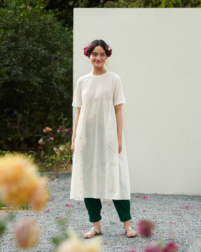 Smocked Side Kurta - White