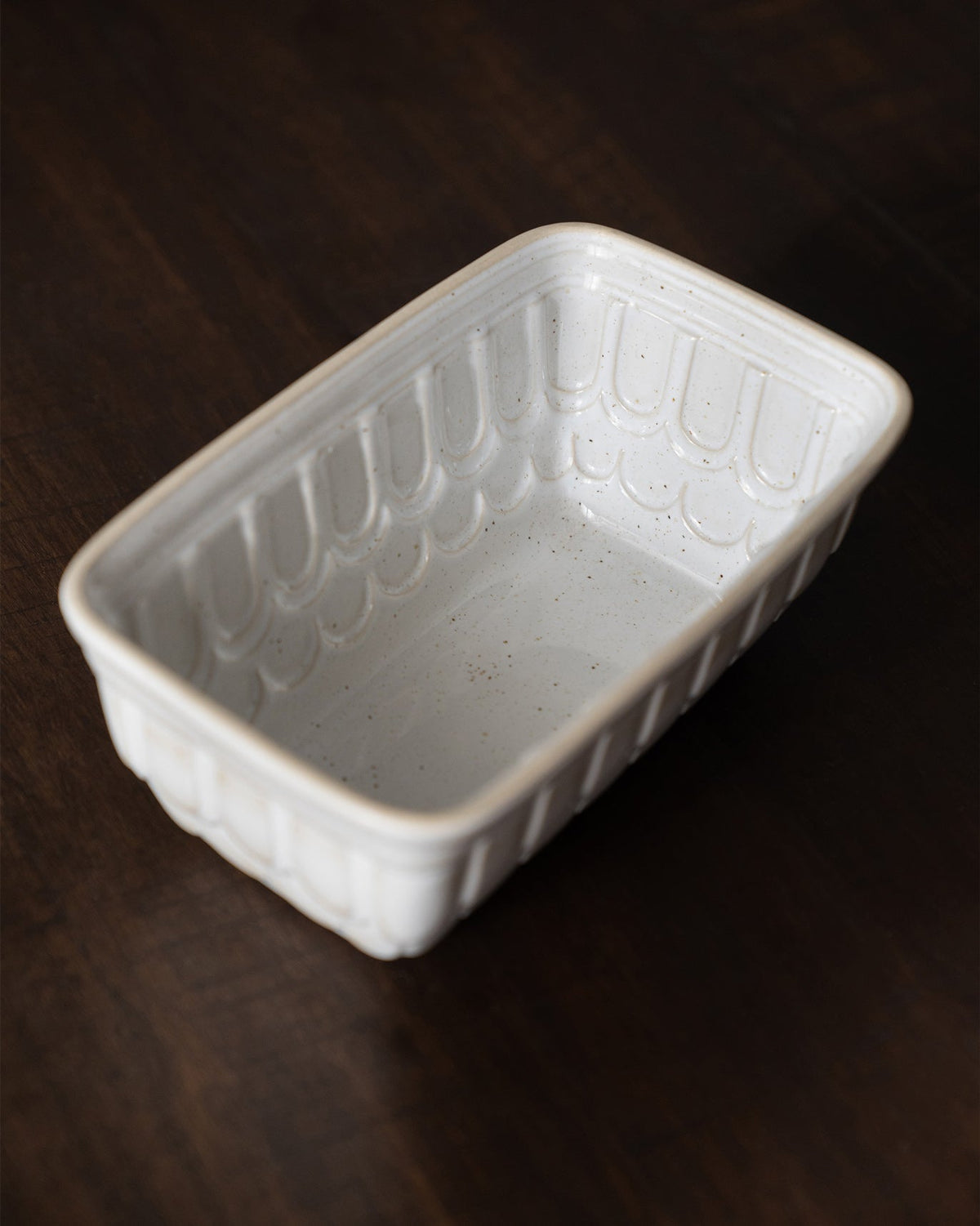 Dawn Loaf Pan seen from above, empty and glazed inside.