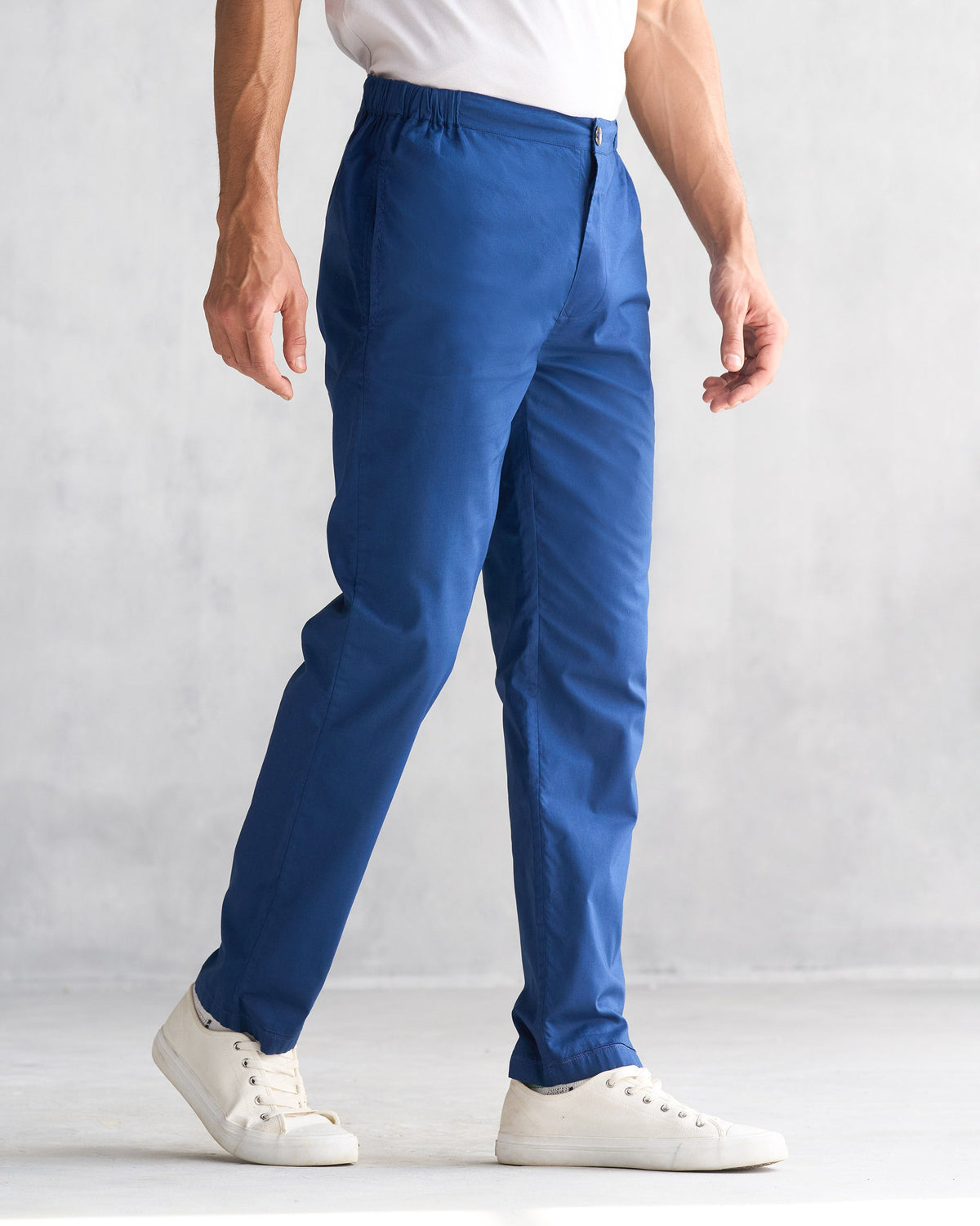 Side view of blue Shillong Jammies worn by a person.
