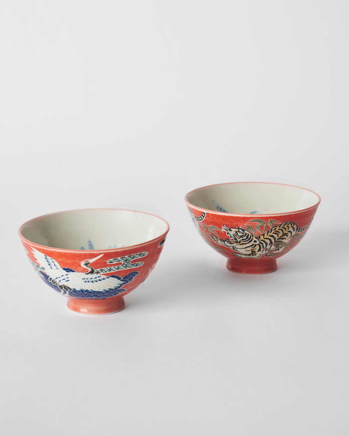 Crane & tiger bowl S/2 - Red