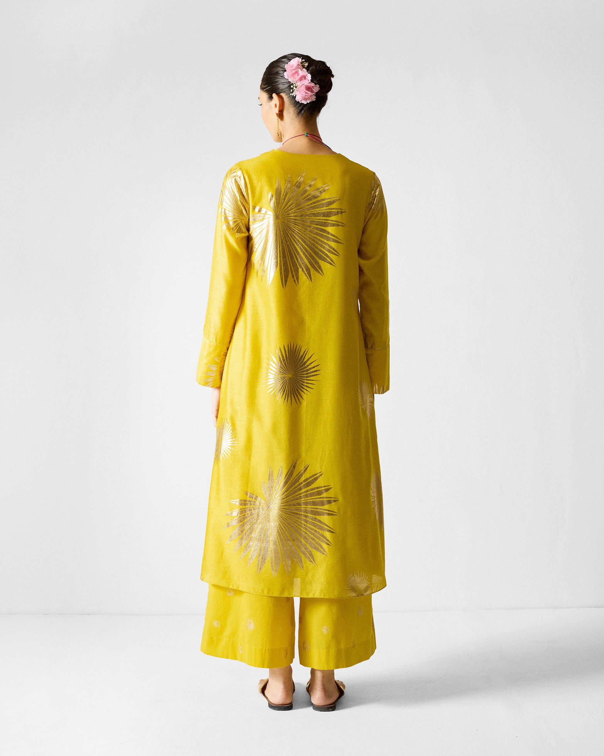 The V-Neck Flared Kurta Set - Chartreuse & Gold Printed