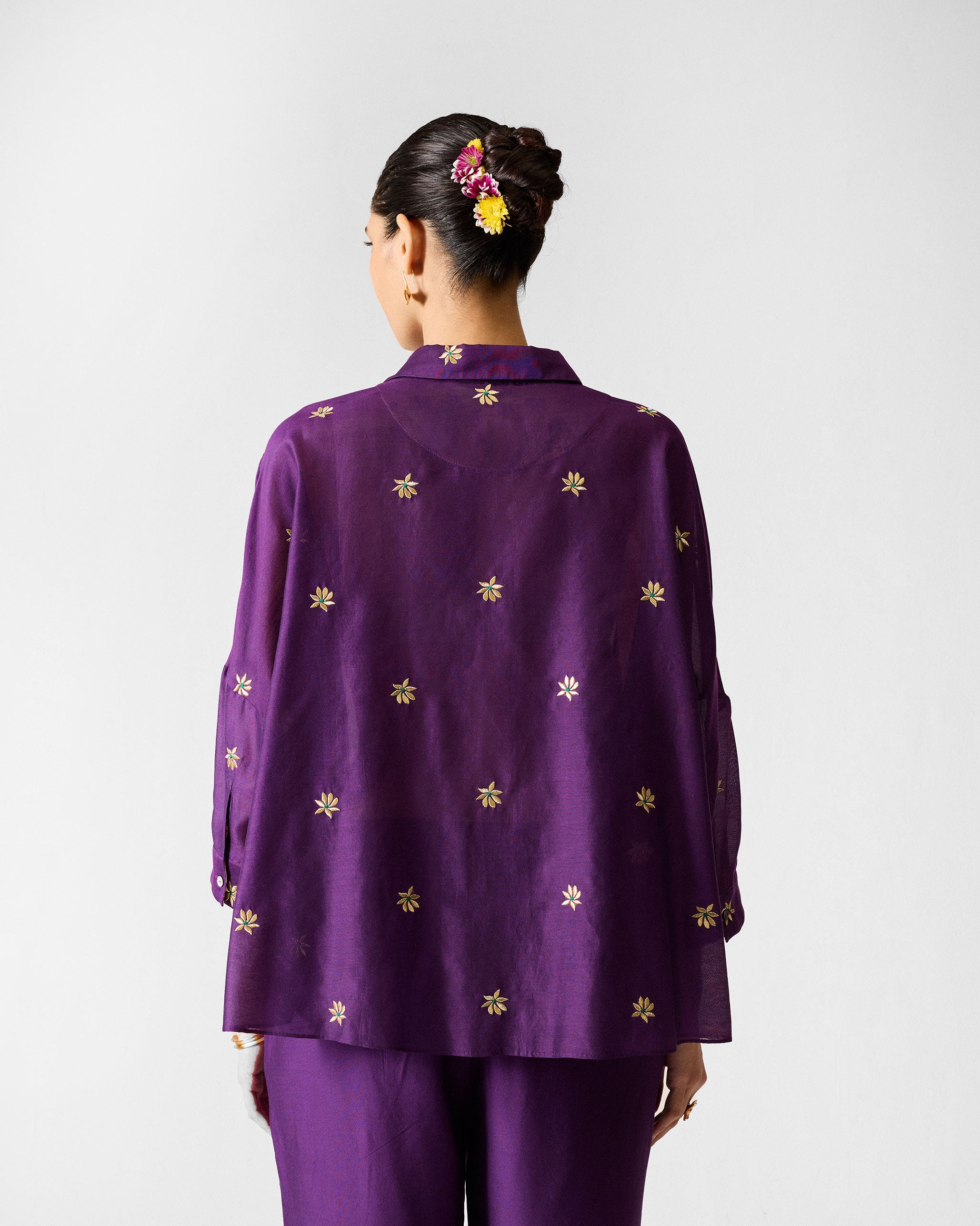 The Boxy Shirt Set - Purple & Gold Embroidered