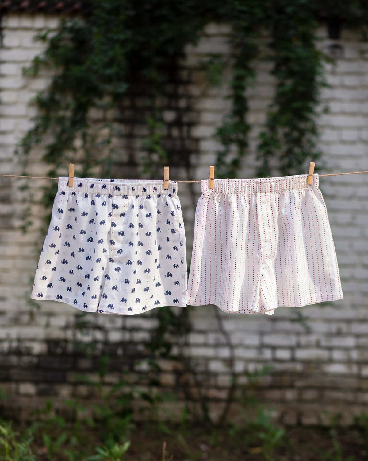 Pair of Haathi Boxers hung on a line, one navy elephant print and one red-striped.