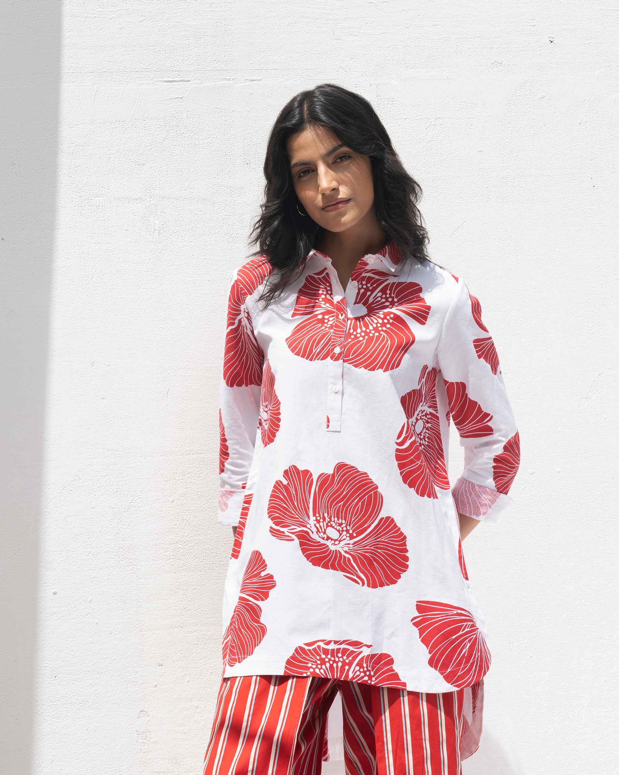 High Low Shirt - White & Red