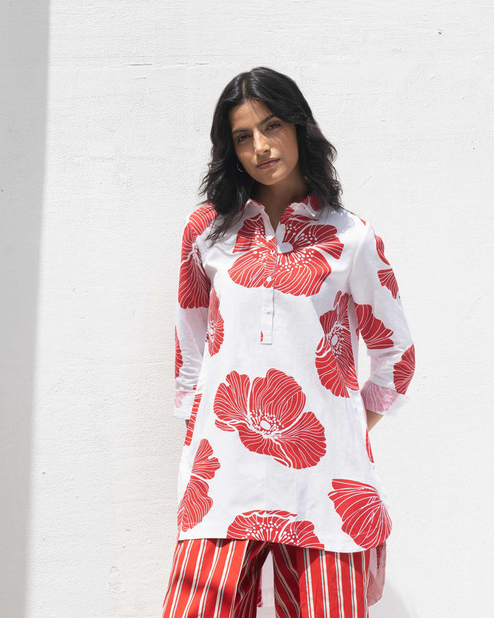 High Low Shirt - White & Red