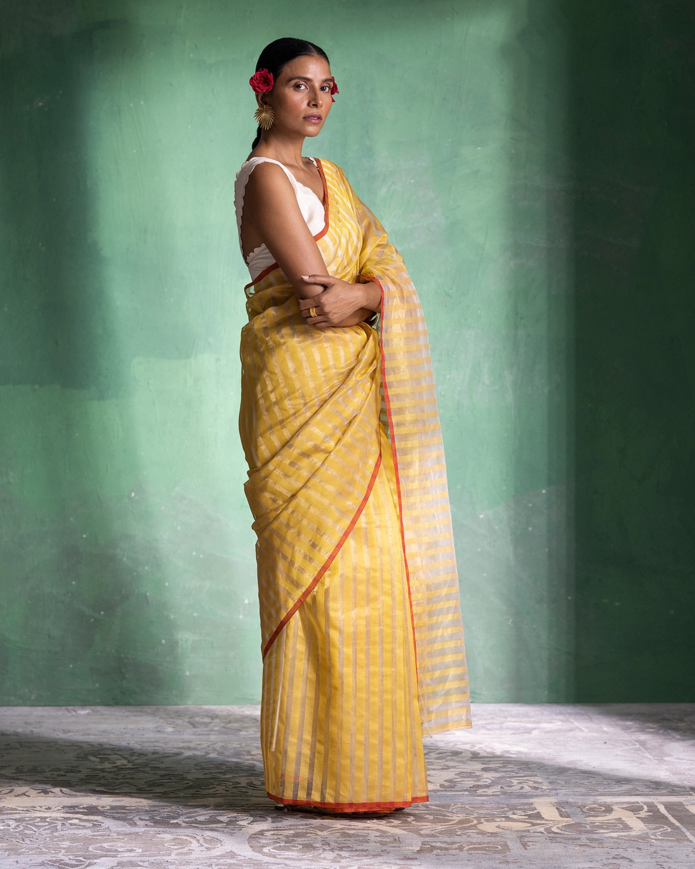 Zari Stripe Sari - Mustard & Gold