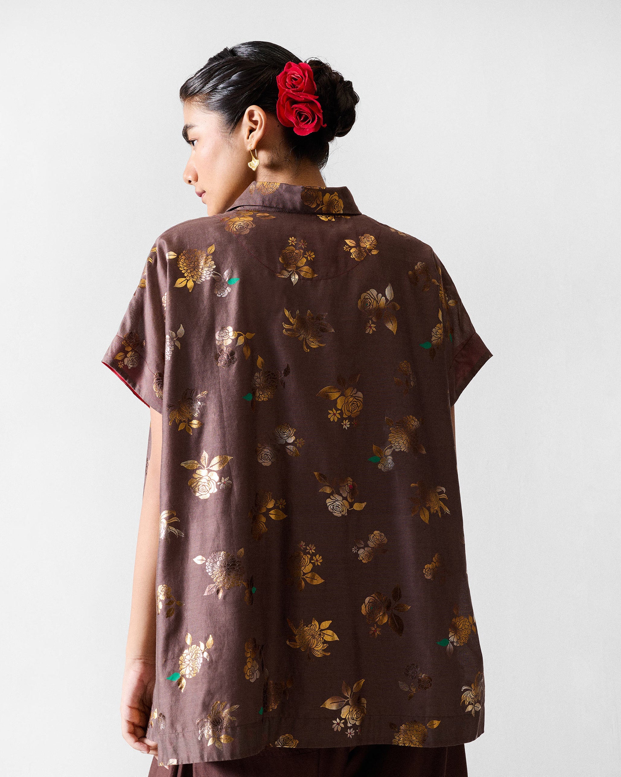 The Camber Top Set- Chocolate Brown & Gold Printed