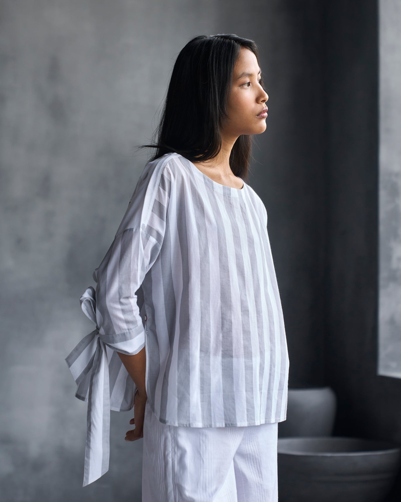 Back Fagotting Top - White & Grey