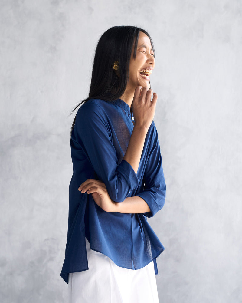 Mandarin Collar Top - Indigo