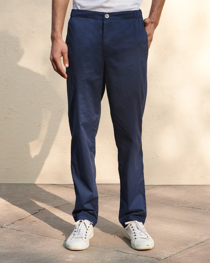 Person wearing navy Shillong Jammies with an elastic waistband.