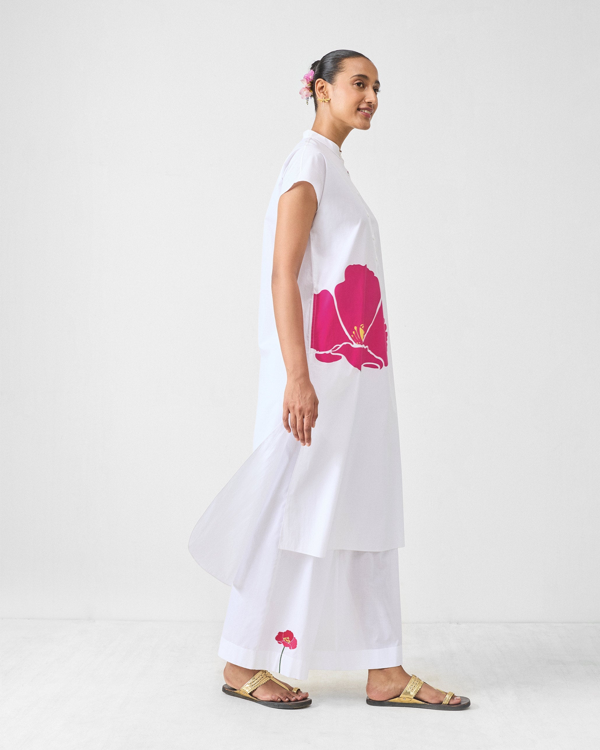Short Sleeve Kurta Set - White & Fuchsia