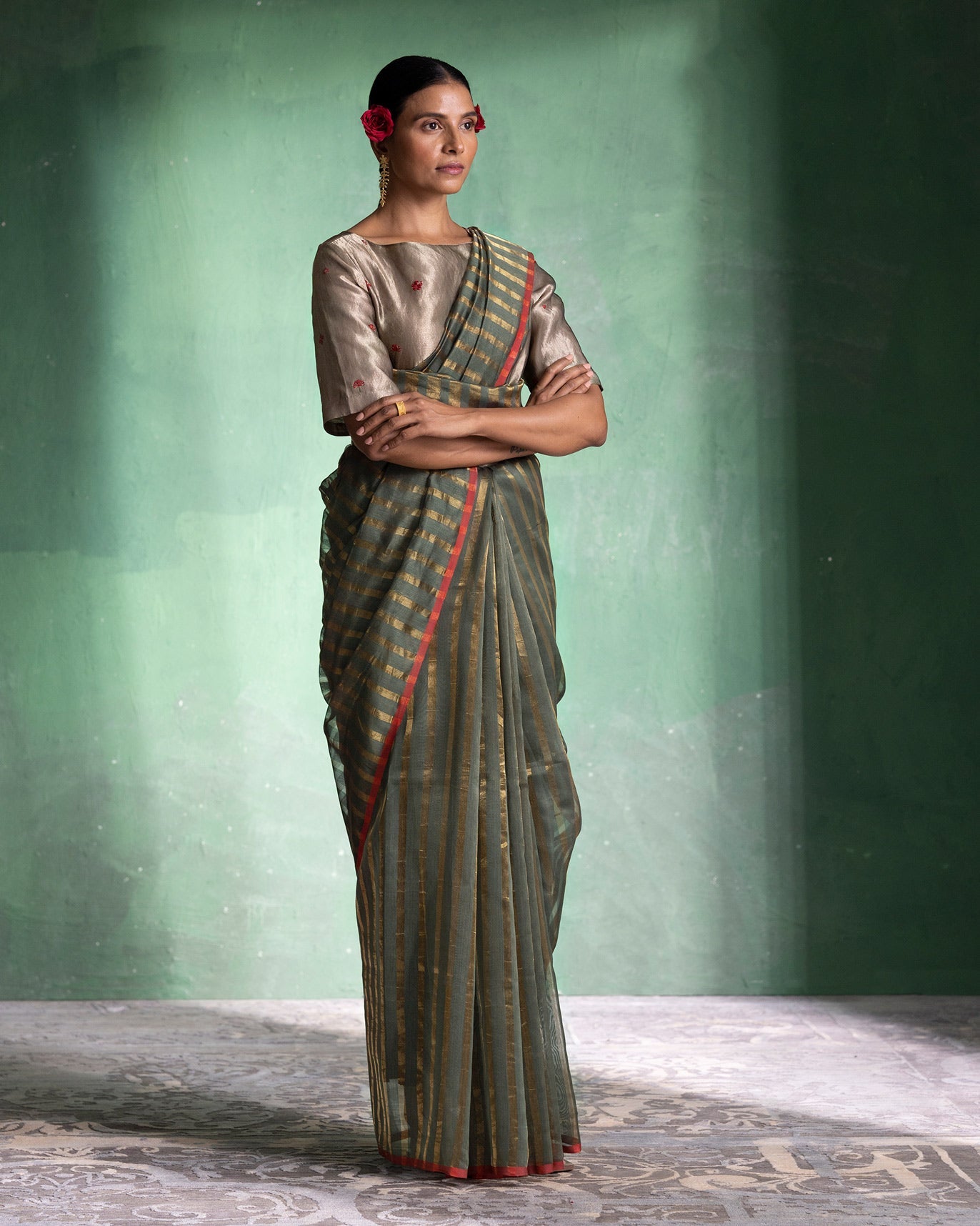 Zari Stripe Sari - Olive & Gold