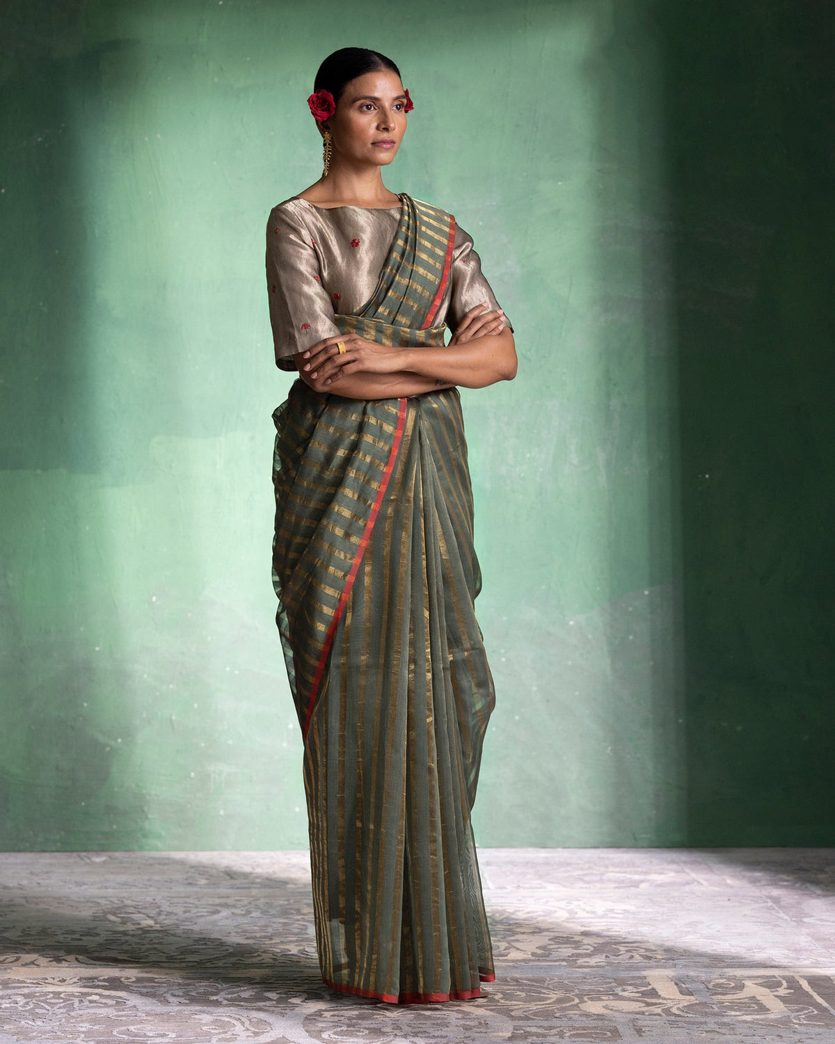Zari Stripe Sari - Olive & Gold