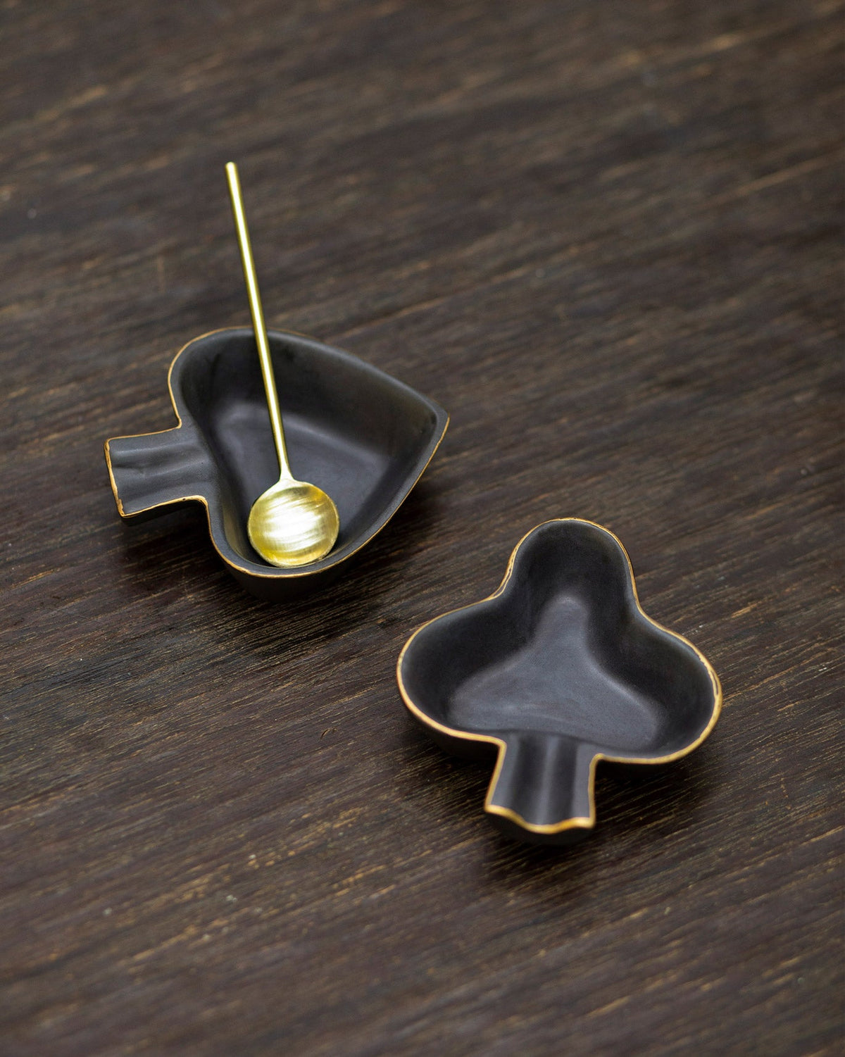 Club & Spade Trinket Dish with a gold spoon beside the club-shaped dish.