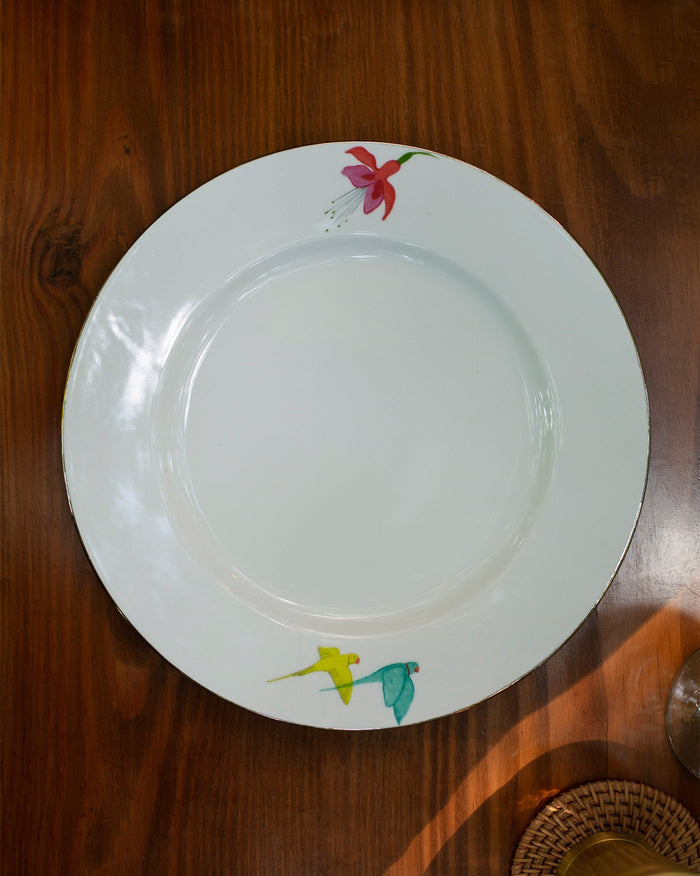 Botanical Dinner Plate with a pink flower and two birds on the rim.