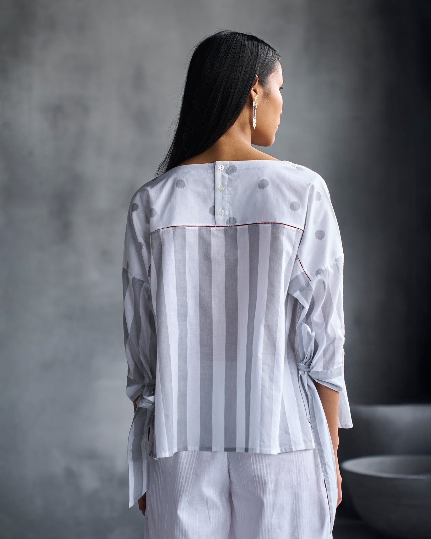 Back Fagotting Top - White & Grey