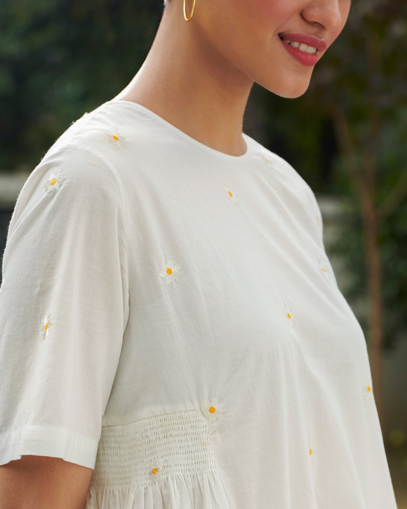 Smocked Side Kurta - White